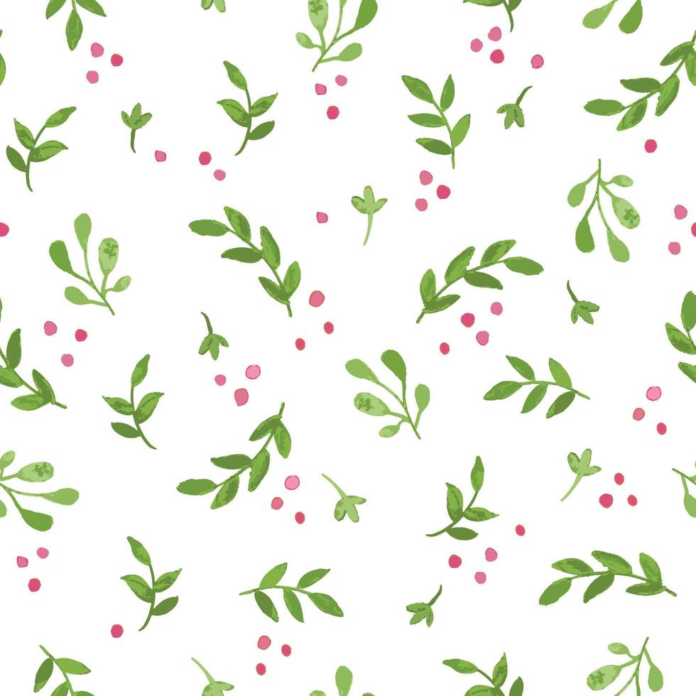 Christmas vector pattern with branches, leaves and berries. Winter holiday seamless background in hand drawn watercolor style.