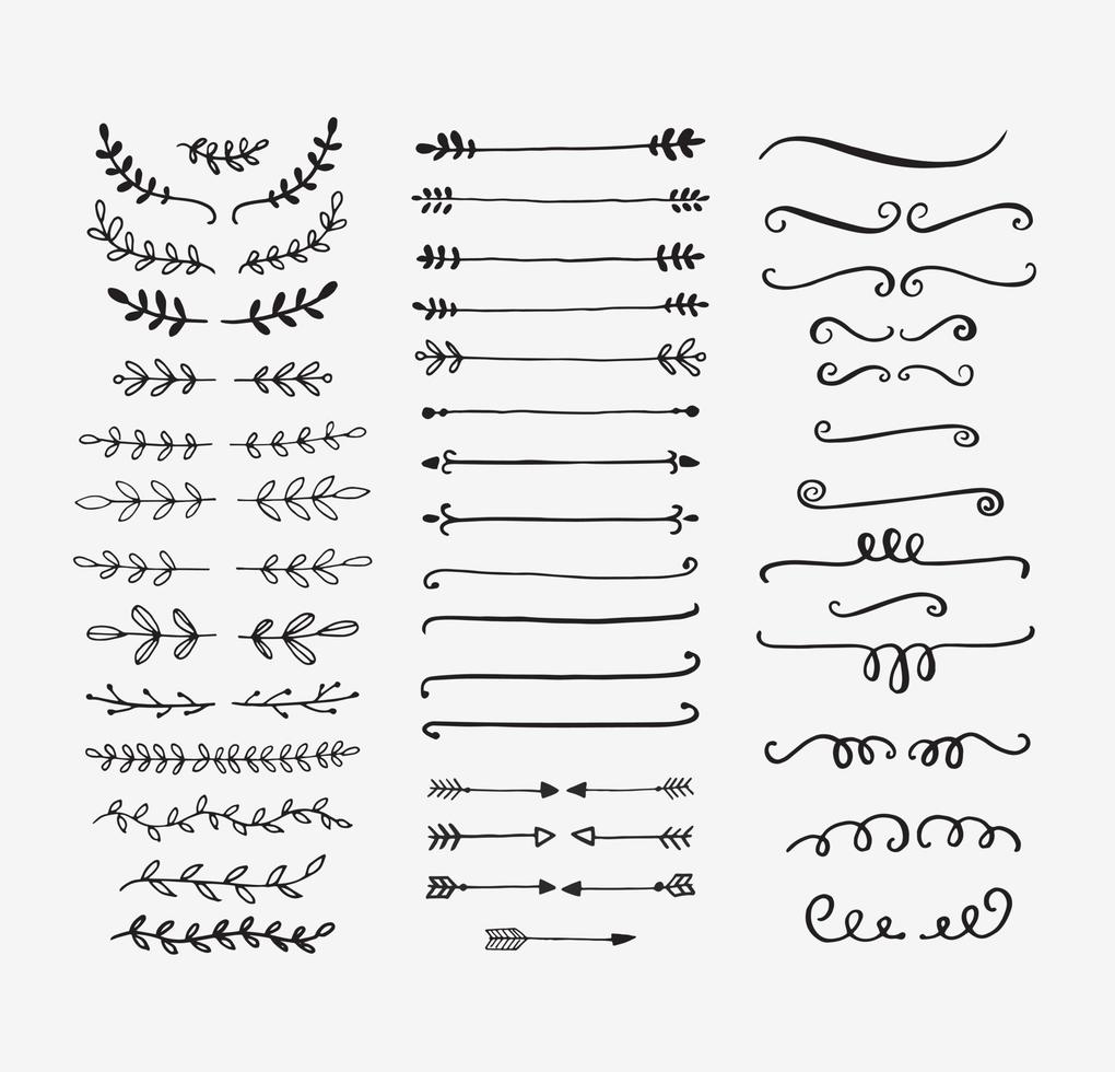 divisores vectoriales dibujados a mano. conjunto de líneas, bordes y laureles. elementos de diseño de garabatos. vector