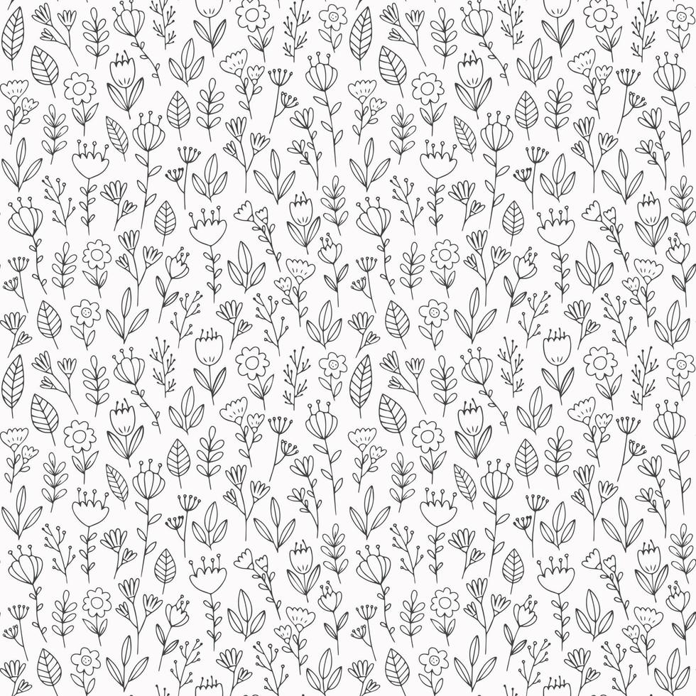 Doodle floral pattern. Cute hand drawn flowers, tulips, leaves vector seamless background. Subtle monochrome design.