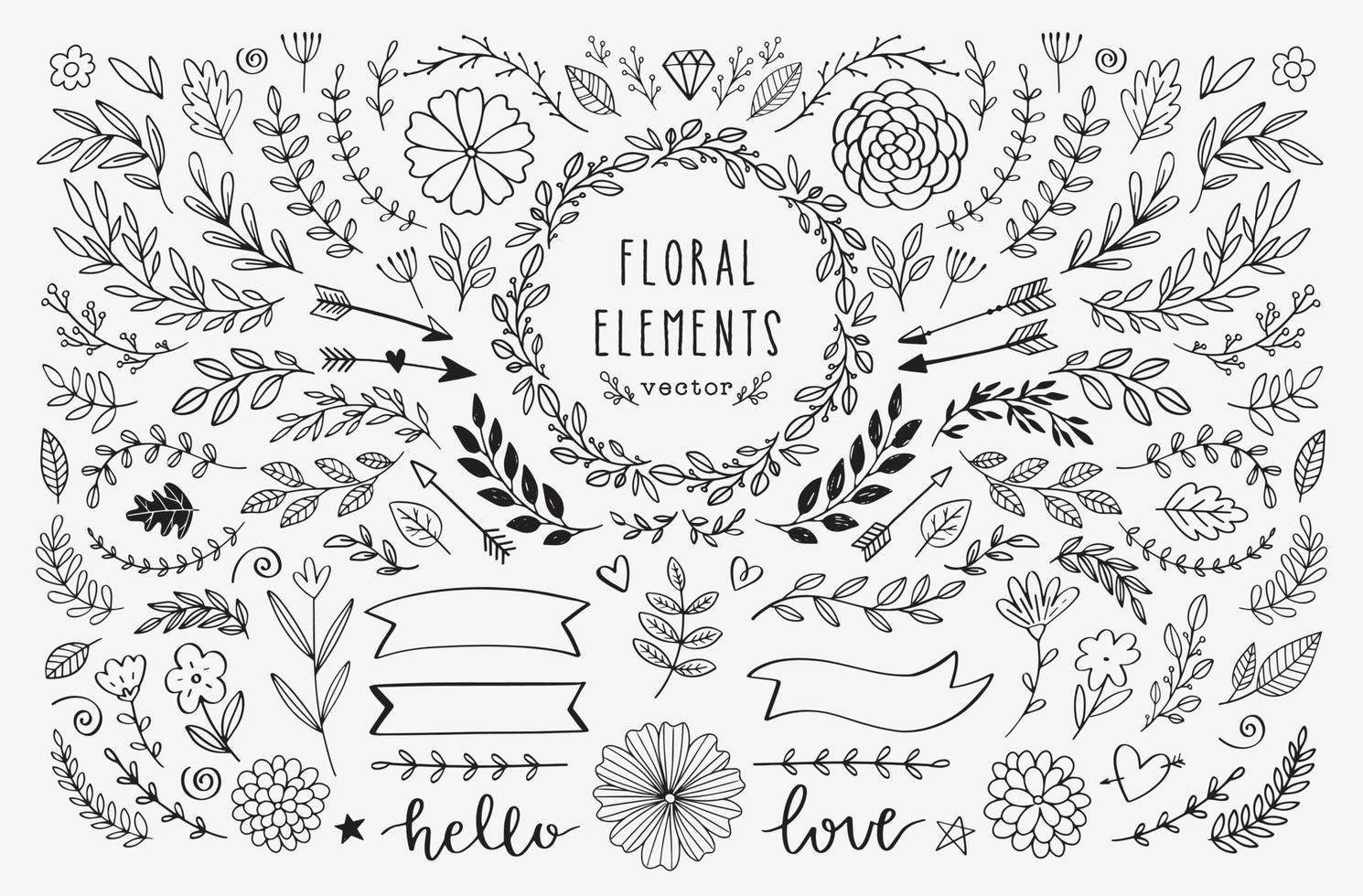 Vector hand drawn design elements. Vintage rustic floral illustrations. Doodle banners, laurels, wreath, branches, ribbons, divider, swirls, arrows.