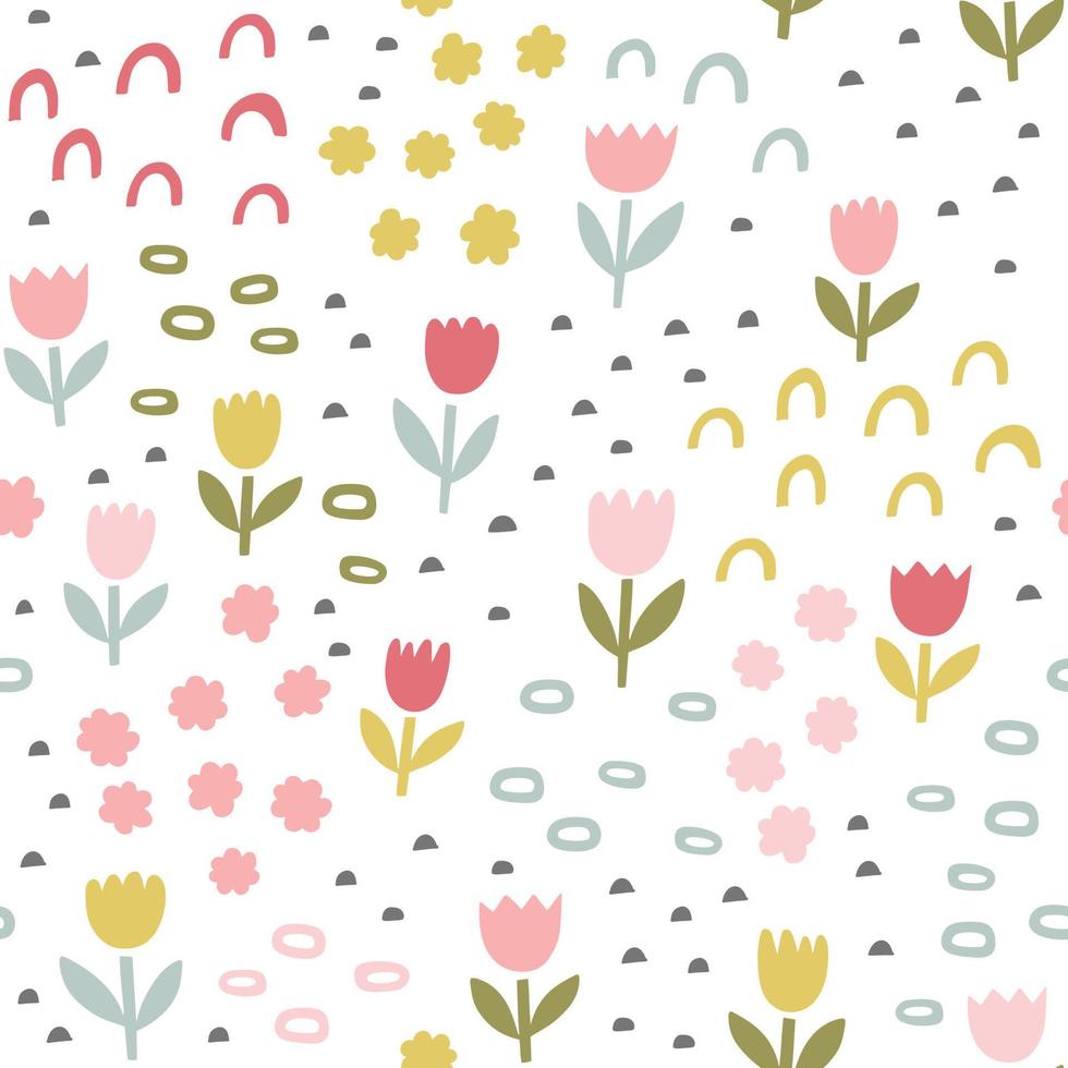 Floral vector pattern. Flowers and abstract doodle shapes seamless background. Spring pastel colors.