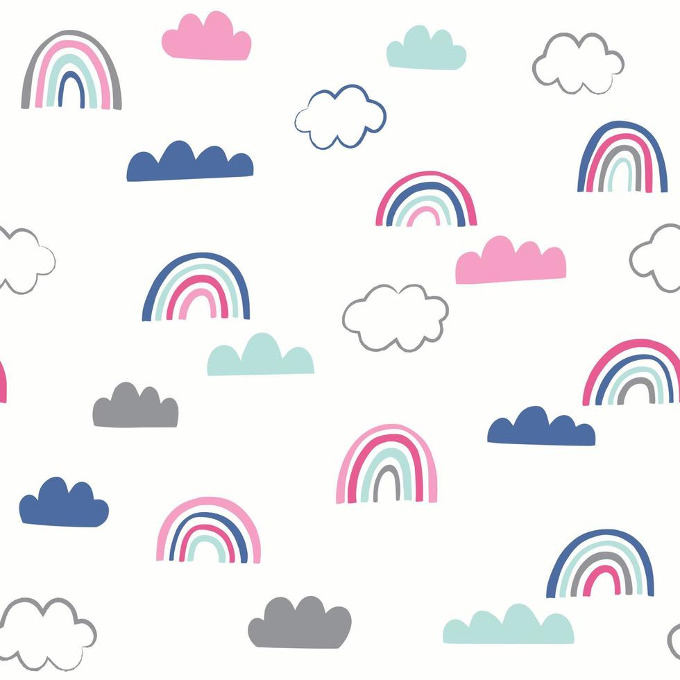 Cute doodle vector pattern with rainbows and clouds. Sky seamless background with hand drawn weather icons.