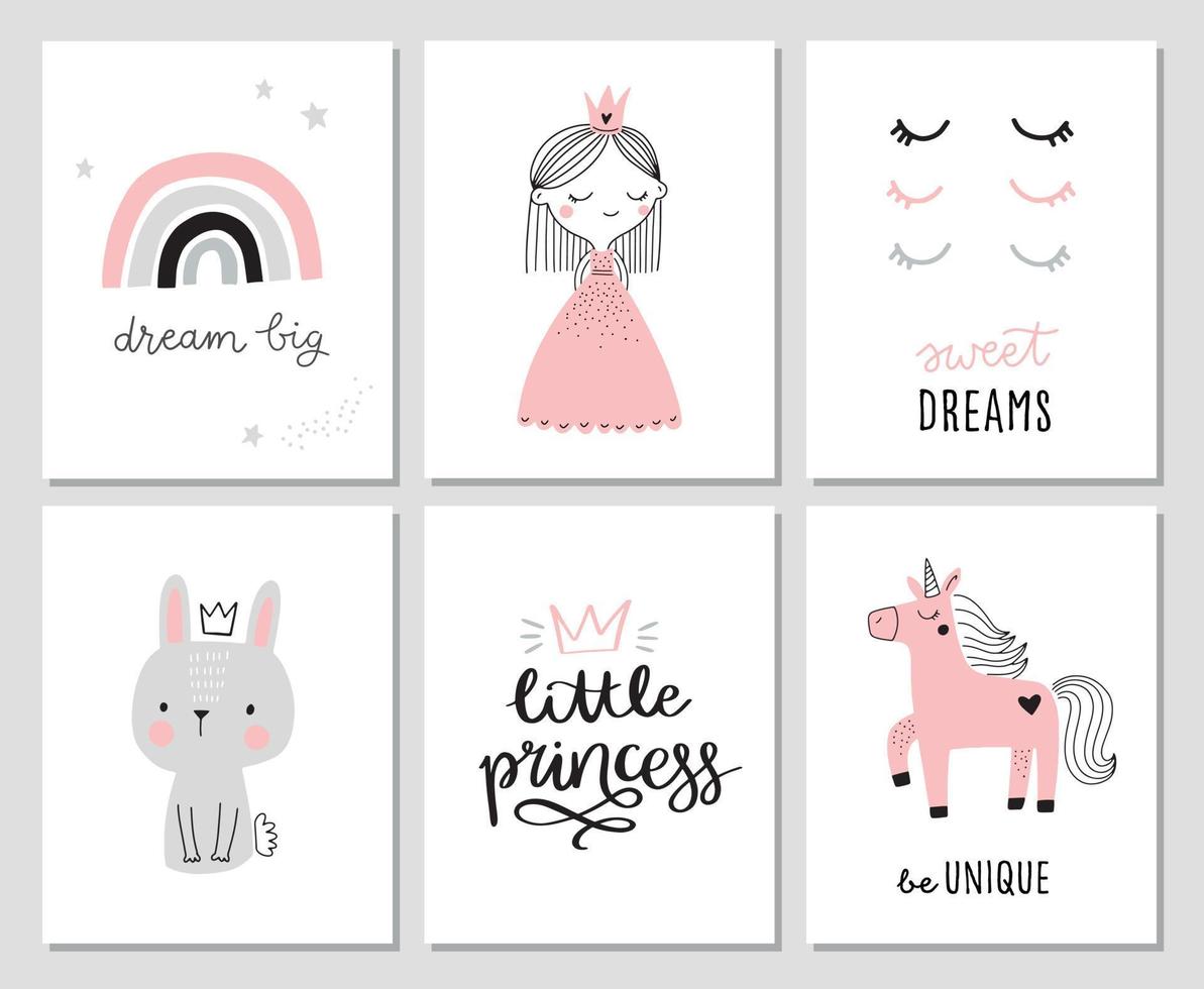 Cute girl nursery posters for baby room, greeting card, baby shower invitations. Little princess, unicorn, bunny, rainbow. Hand drawn vector illustration for prints, cards, apparel.