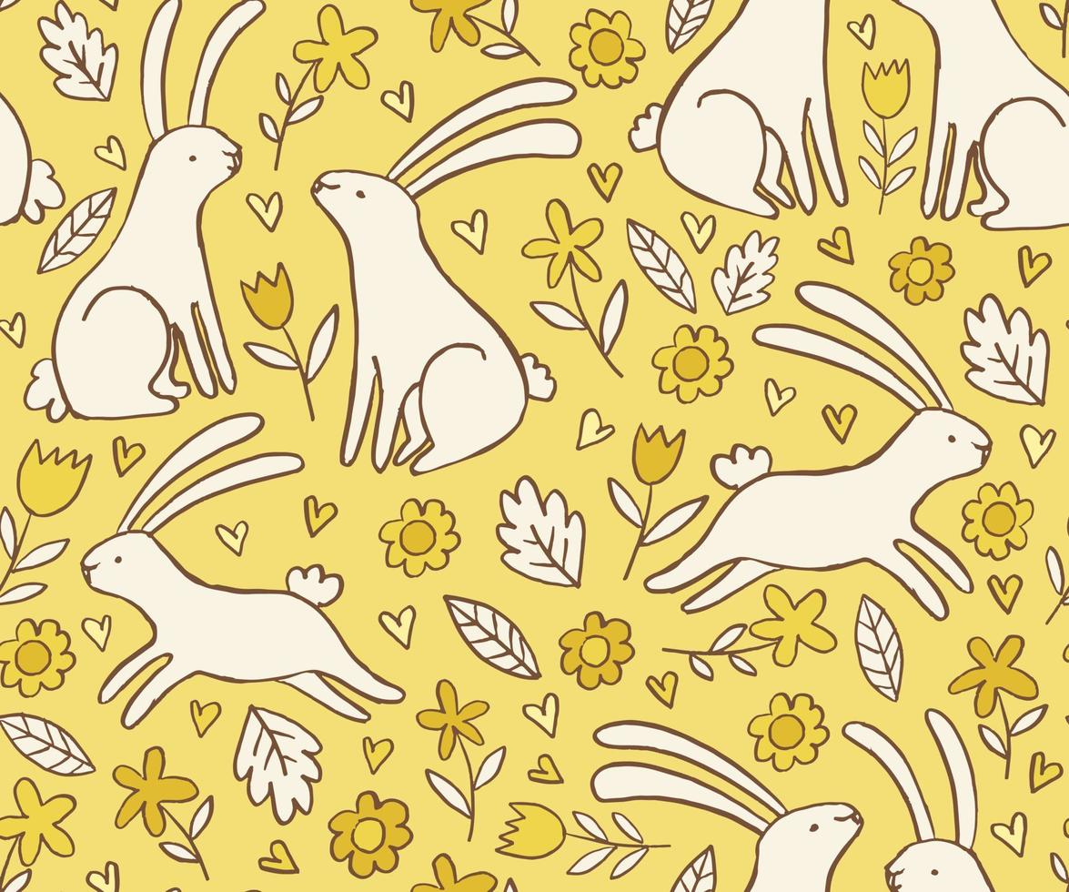 Cute floral pattern with rabbits. Doodle vector seamless background with bunnies, flowers and leaves. Baby, child design.