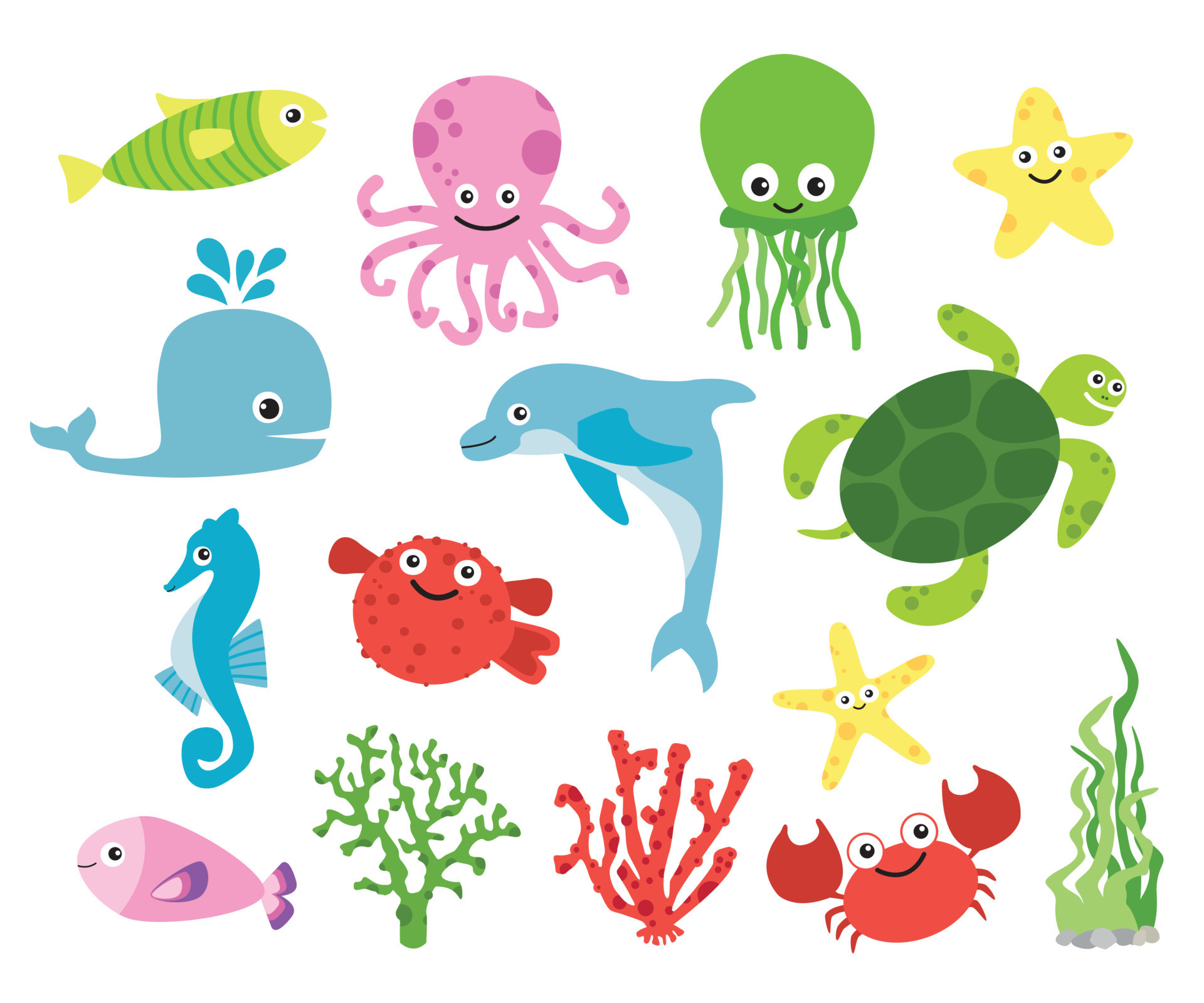 Cute vector sea creatures. Set with funny sea animals. Marine life. Ocean  wildlife vector illustration. 8565738 Vector Art at Vecteezy