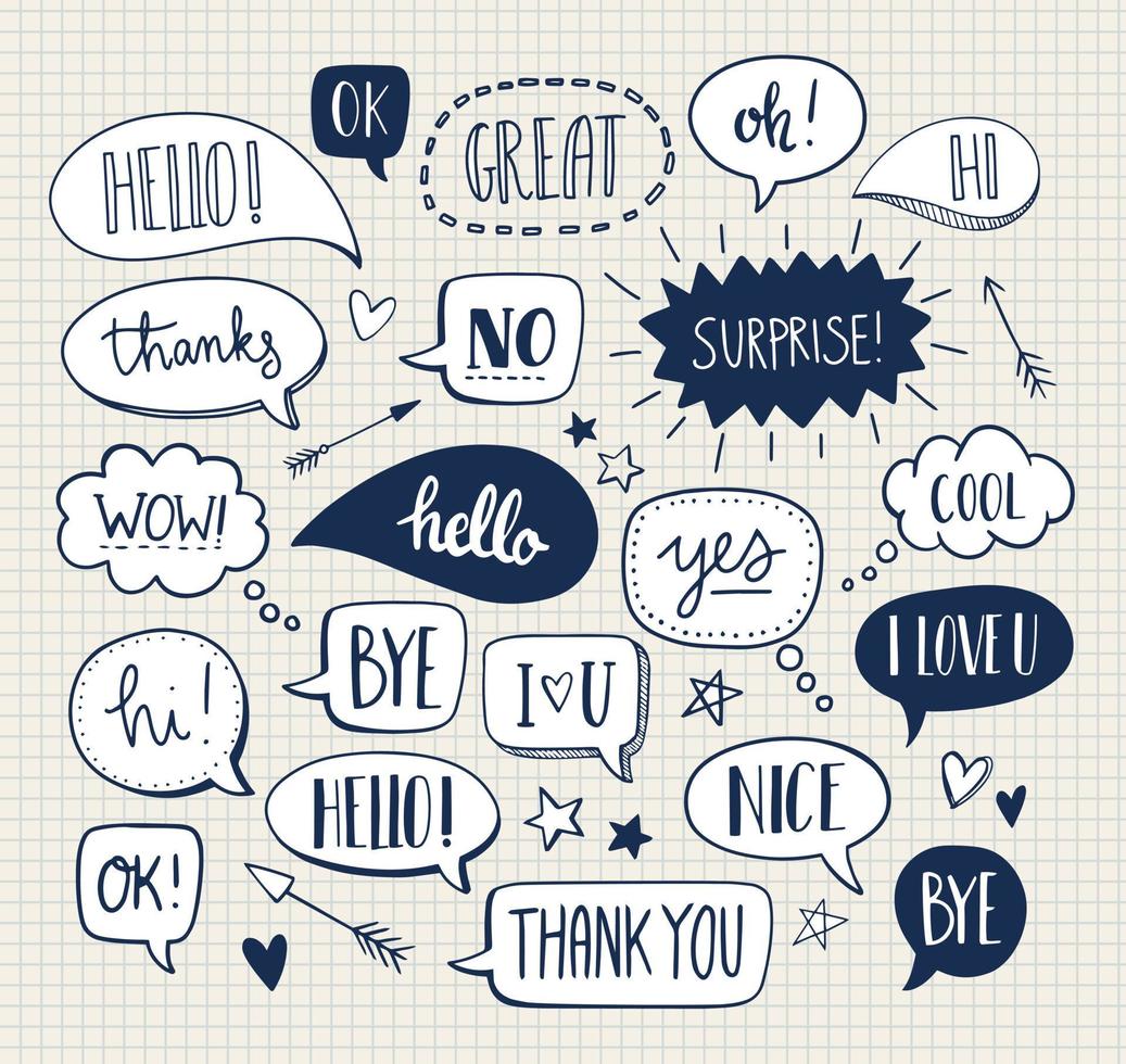 Set of cute vector doodle speech bubbles. Text illustration in hand drawn style. Hello, Love, Bye, Hi, Thank you, Sale, Yes, No, I love you, Nice, Cool.