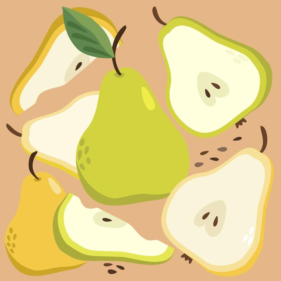 Vector illustration of pears, whole and slices.