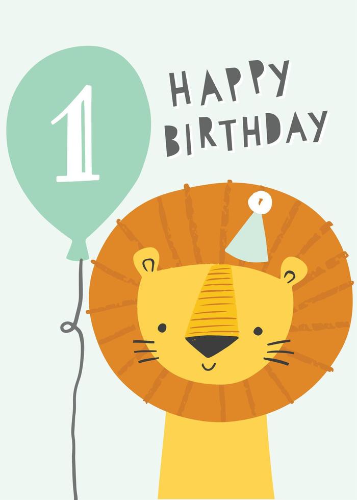 Cute lion first birthday greeting card or party invitation. Smiling lion character in a party hat with a balloon. Baby shower, kids birthday. vector