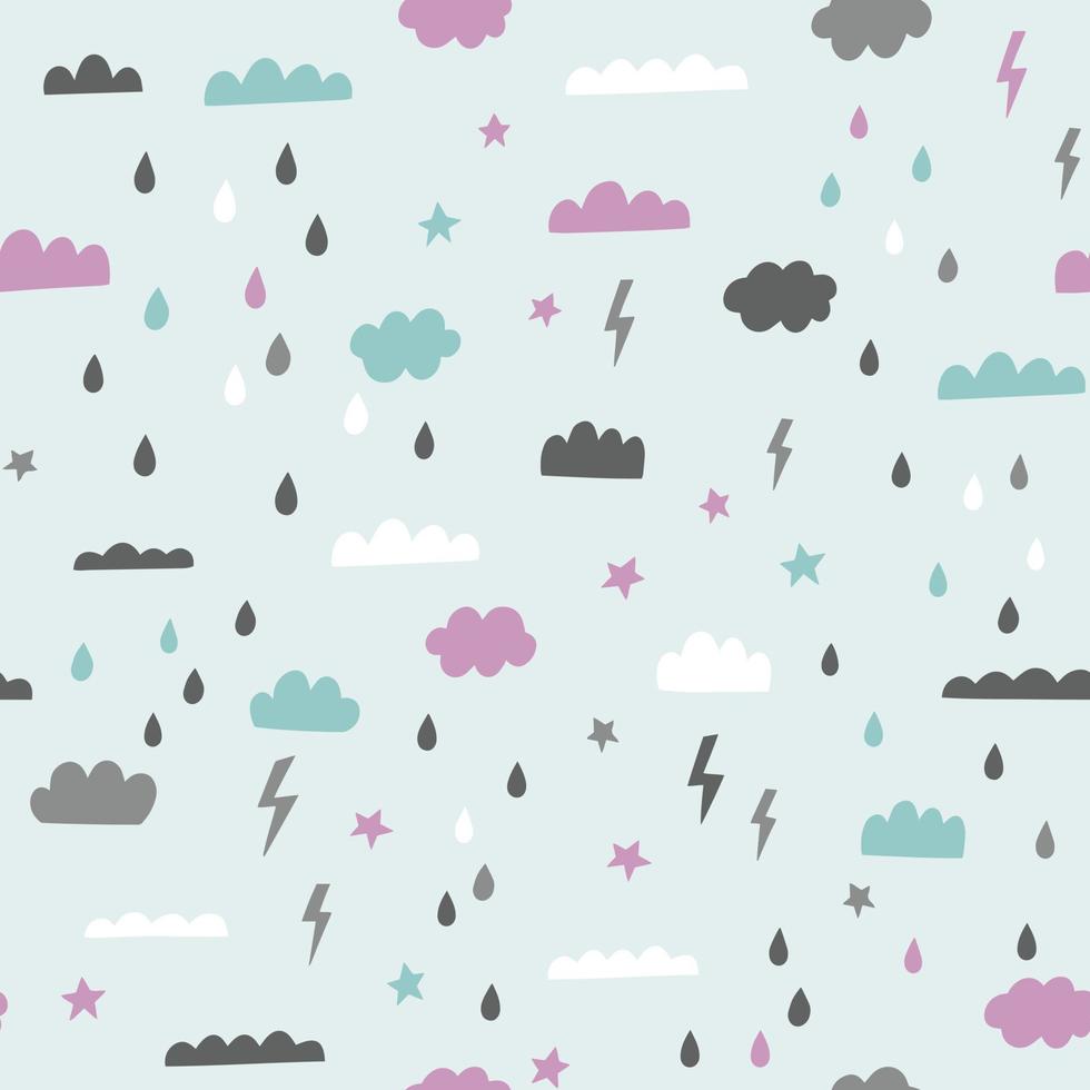 Rain clouds and storm vector seamless pattern. Cute clouds, rain drops, lightning in scandinavian geometric style.