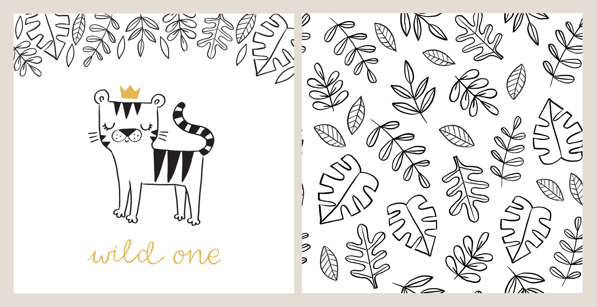 Wild One. Hand drawn baby card with tiger in a crown and jungle pattern.  Doodle jungle seamless background. Kids tiger animal character. Baby  poster, nursery wall art, card, invitation, birthday. 8565812 Vector