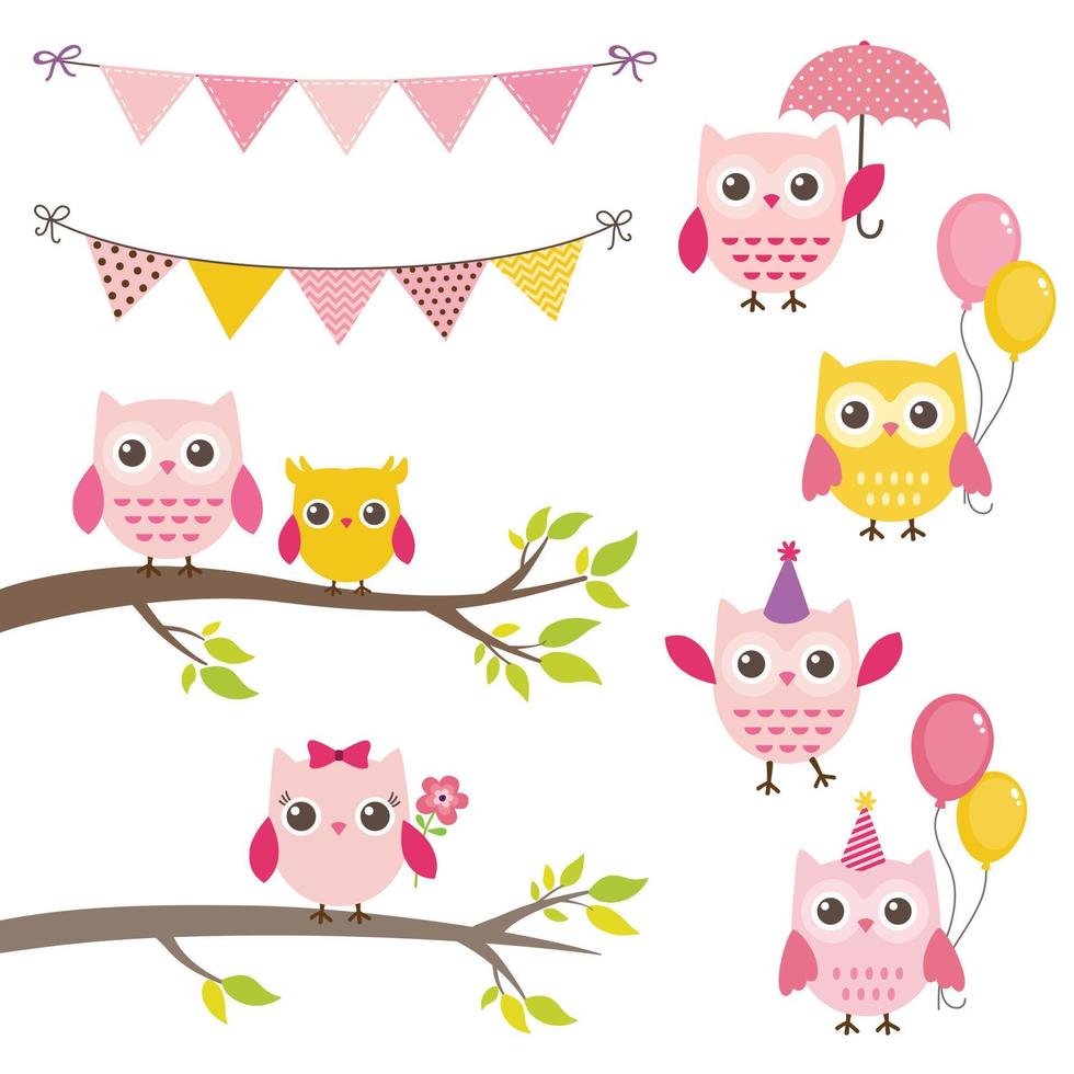 Vector birthday party elements with owls, bunting banners, balloons