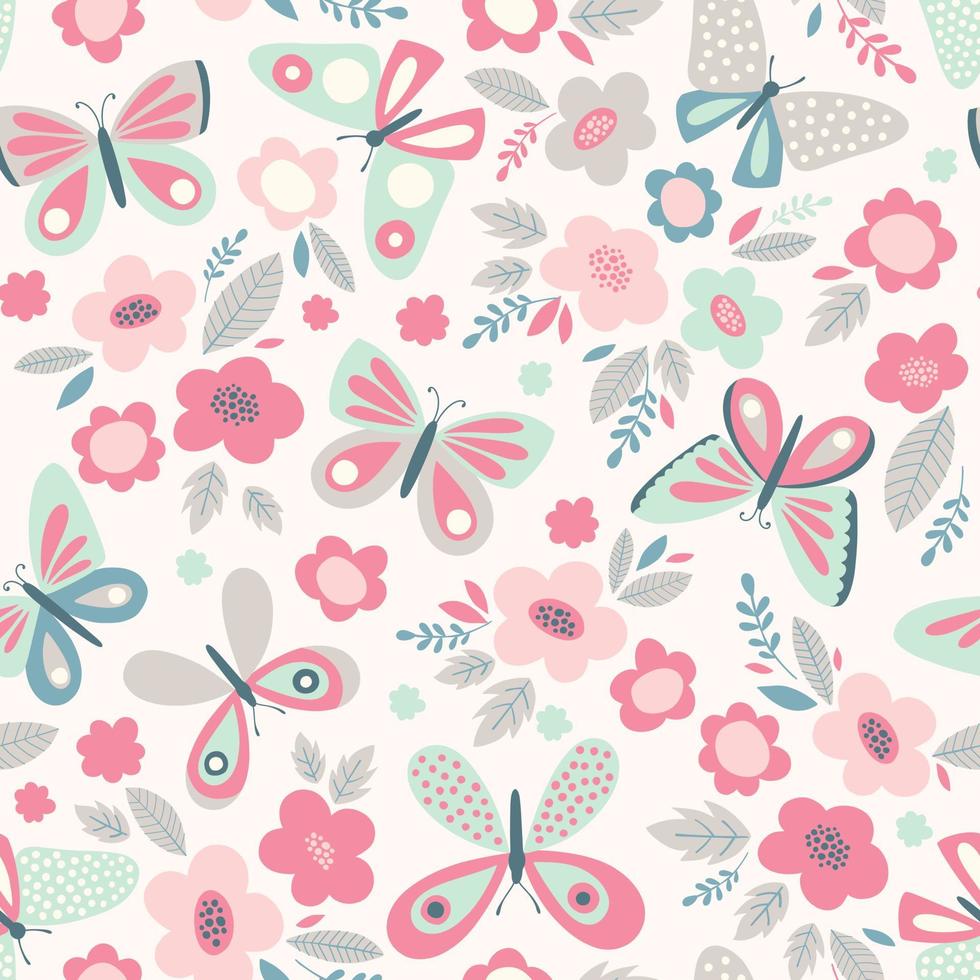 Vector seamless pattern with butterflies and flowers. Floral cute spring background. Retro vintage pastel colors.