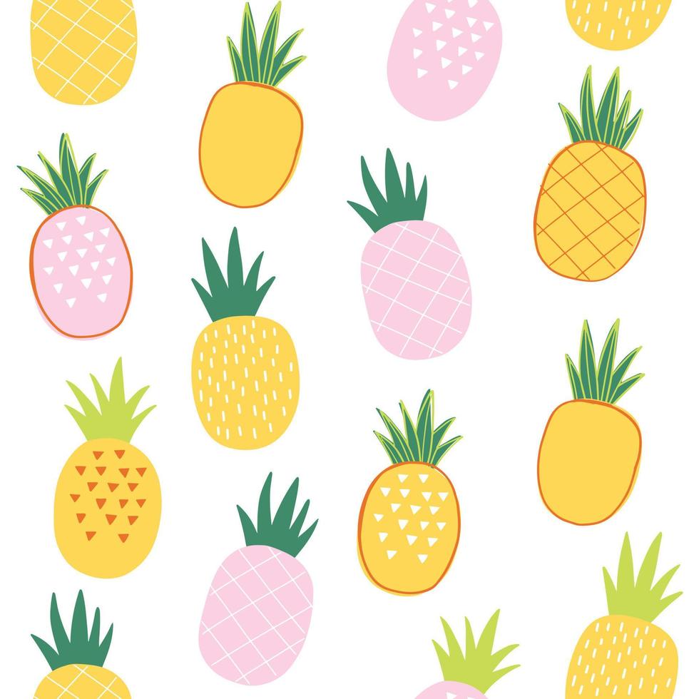 Pineapple vector pattern. Hand drawn tropical summer seamless background print. Colorful Scandinavian style geometric pattern.
