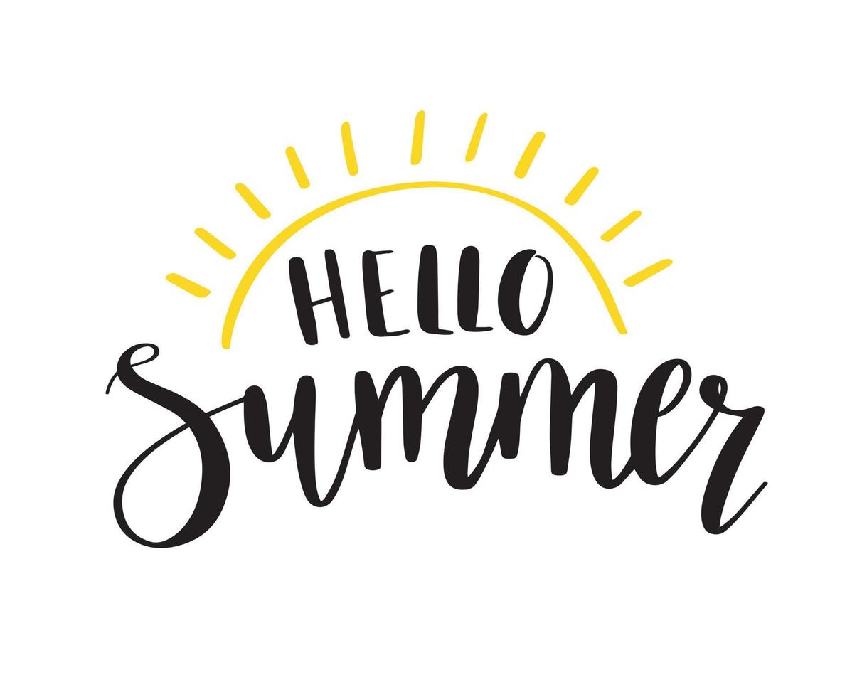 Hello Summer with doodle sun. Hand drawn lettering. Summertime phrase, quote. Poster, card, design element. vector