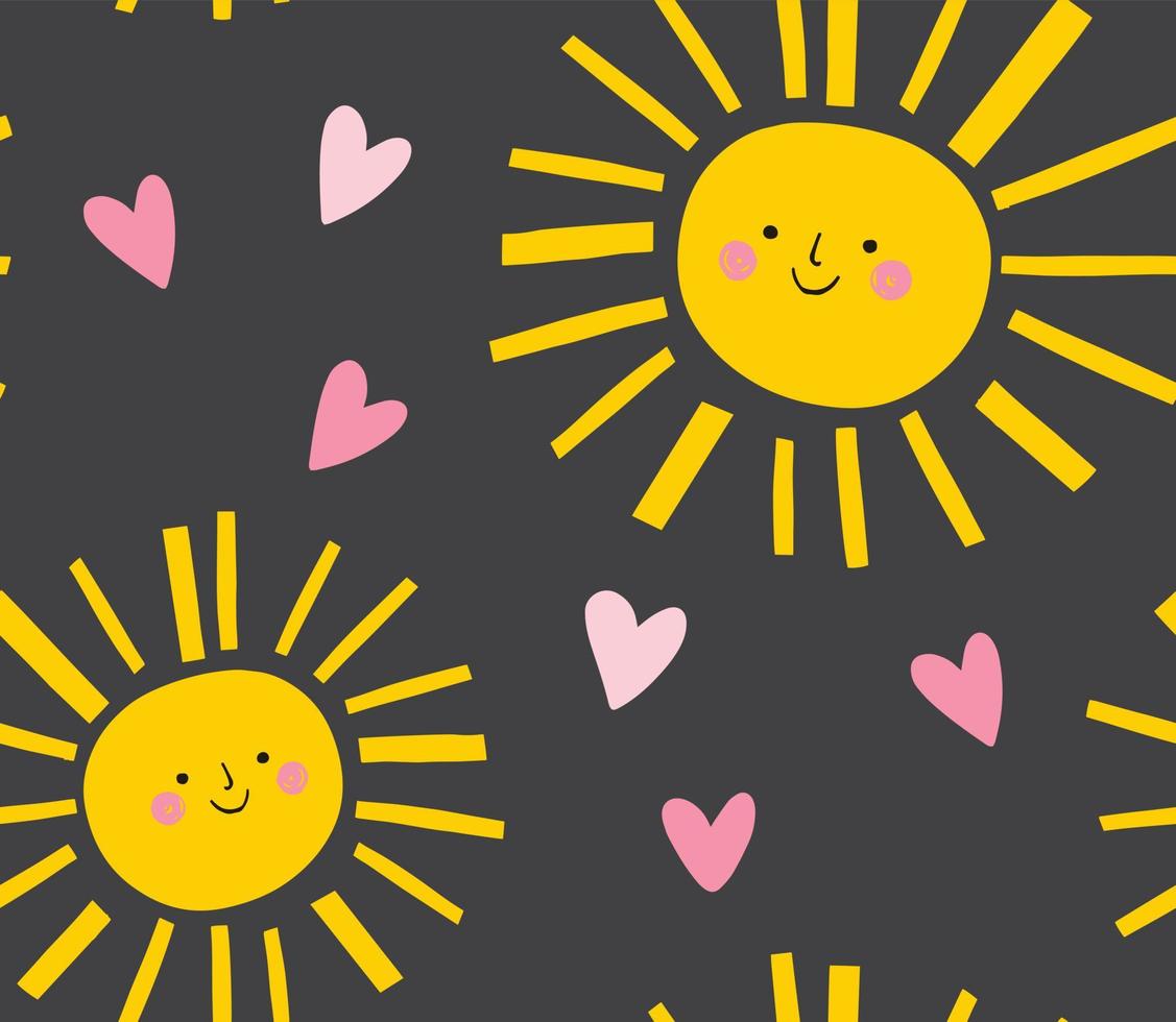 Smiling sun and hearts pattern. Vector seamless cute background. Summer cartoon kids design for fabric.