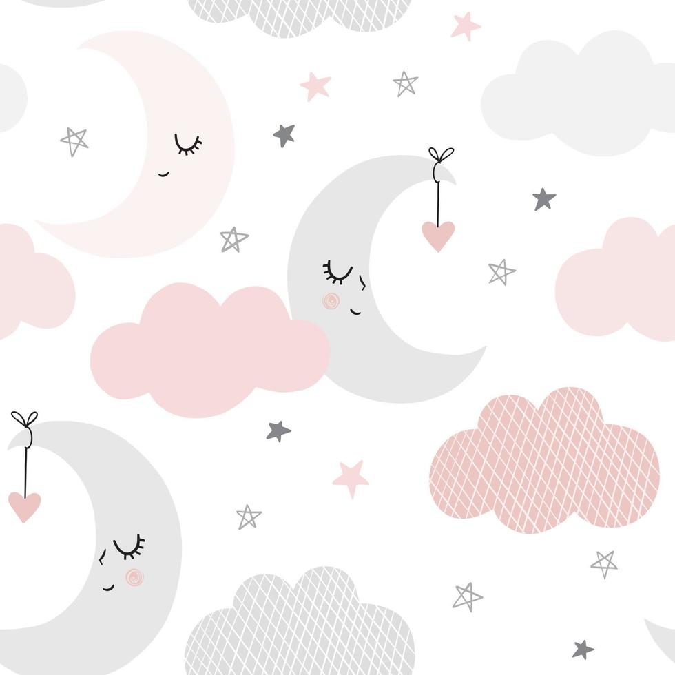 lindo patrón de cielo. diseño vectorial impecable con luna sonriente, dormida, corazones, estrellas y nubes. ilustración de bebé vector