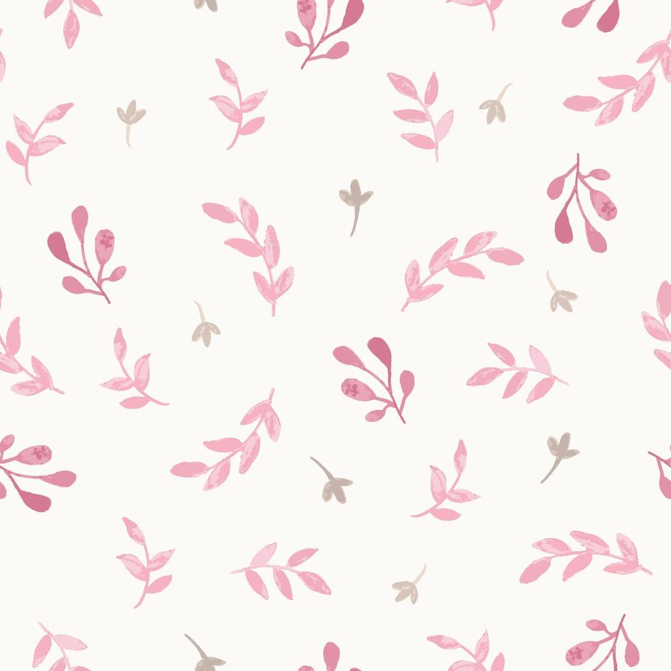 Watercolor seamless pattern with branches, leaves and flowers. Vector hand drawn spring background in shades of pink. Feminine print design.