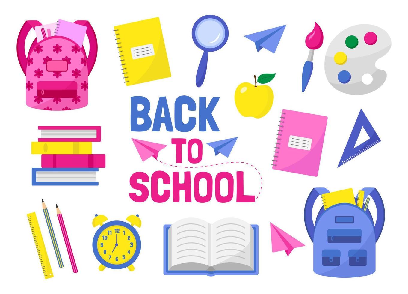 Back to school set of vector objects -  backpack, alarm clock, notebook, pencil, ruler, paper airplane, apple, magnifier, books, art palette and paint brush.
