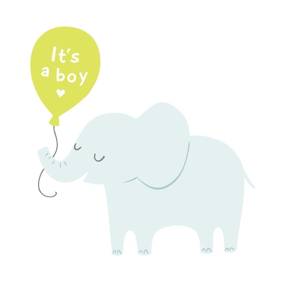 Baby shower it's a boy poster or invitation. Elephant with a green balloon. Cute vector illustration.