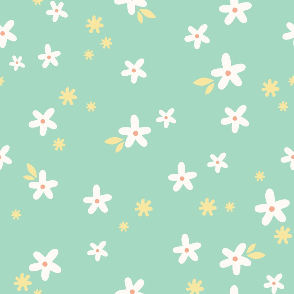 Cute floral pattern. Simple vector flowers on a mint background.