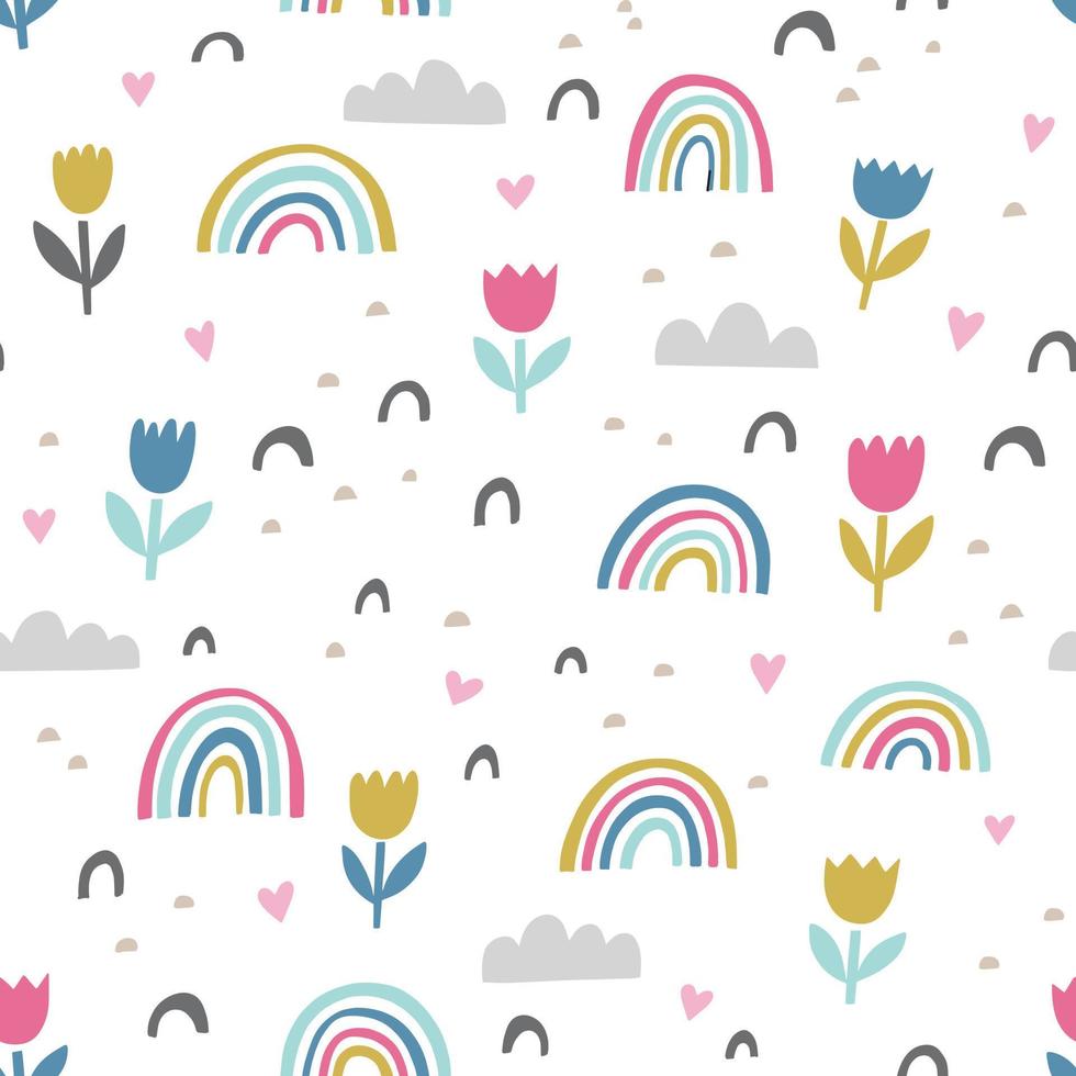 Hand drawn cute abstract pattern. Rainbow, flower, clouds doodle vector seamless background. Design for fabric in bright colors.