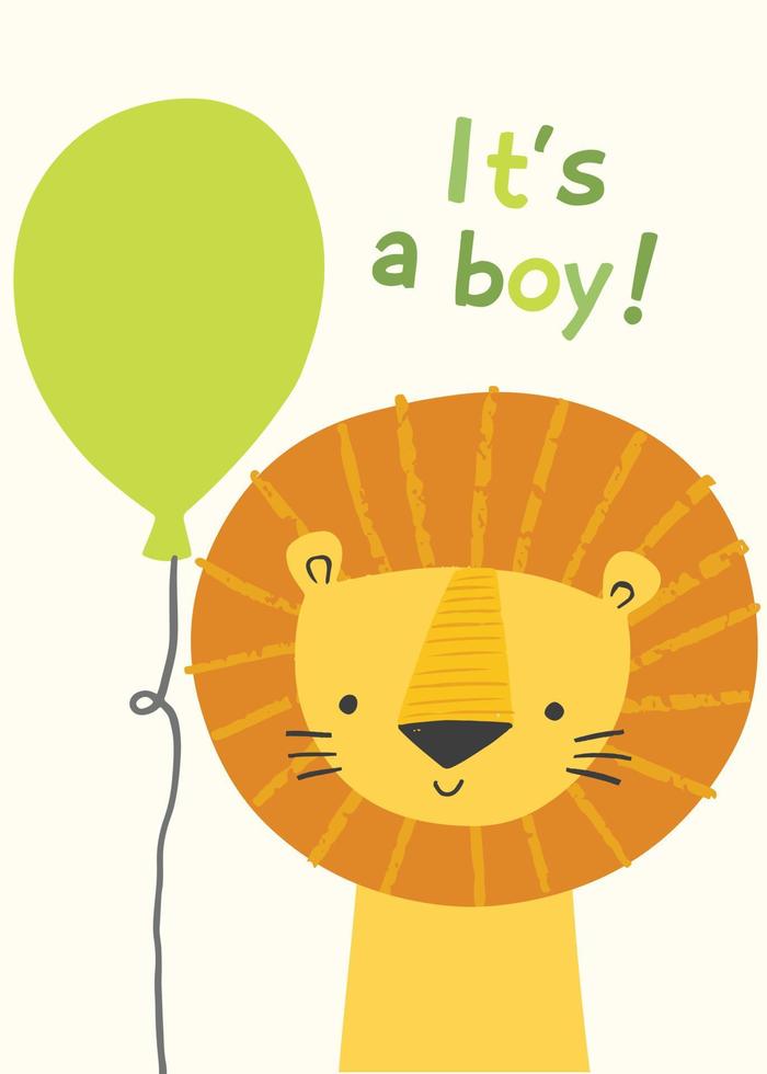 Cute lion character bor a boy baby shower invitation, greeting card, birthday party, nursery art poster. Vector illustration of a lion smiling face with a green balloon. It's a boy.