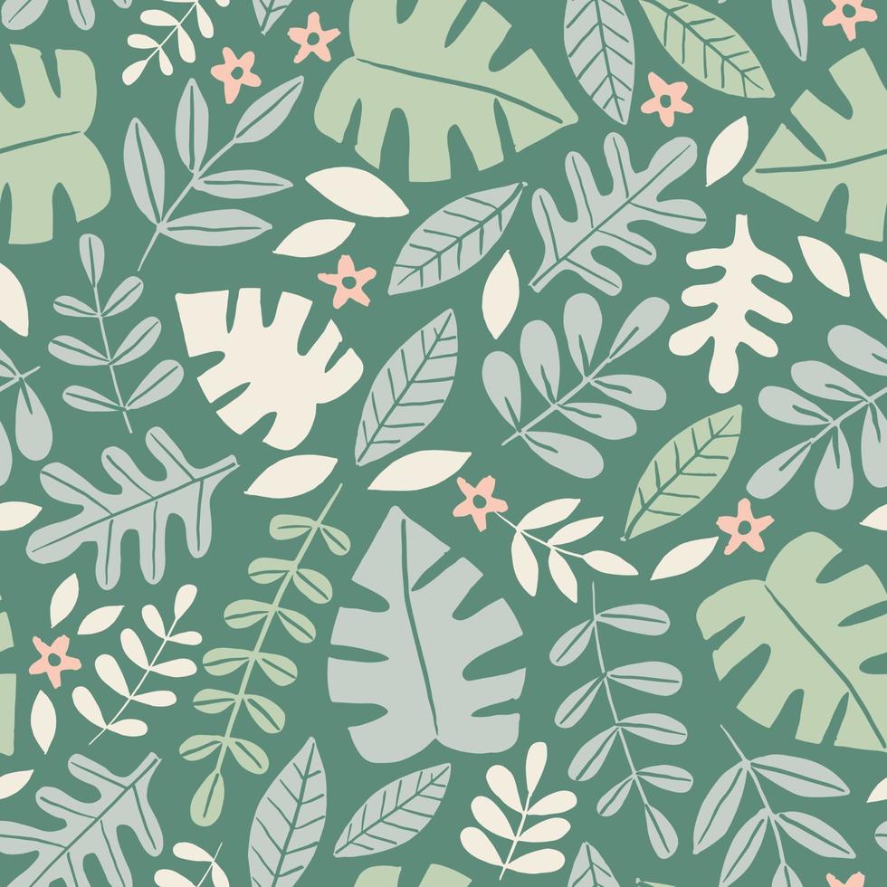 Tropical seamless leaves pattern. Jungle vector background illustration. Summer equatorial rainforest foliage.