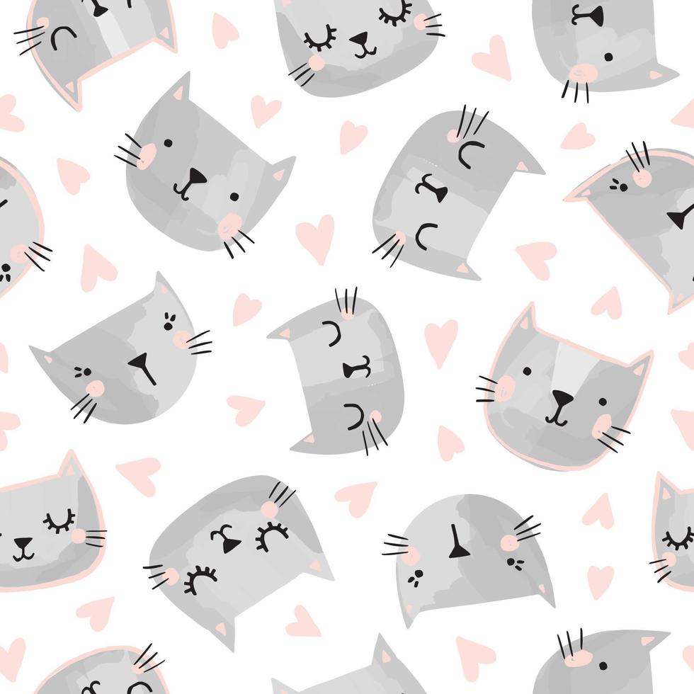 Cats seamless vector pattern with hearts. Cute hand drawn kitten faces. Valentines day.