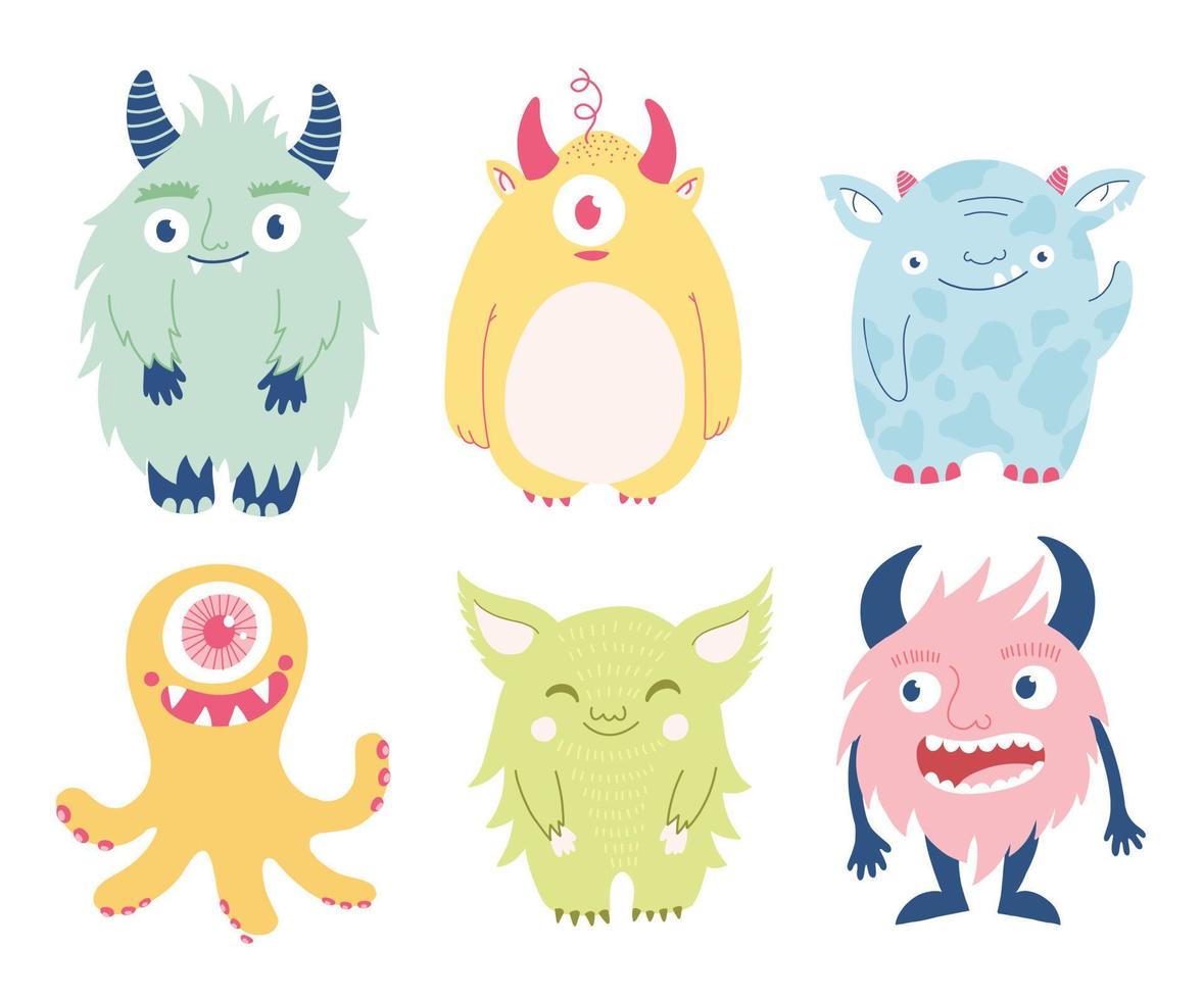 Cute vector monsters. A set of funny cartoon monsters. Children illustration.