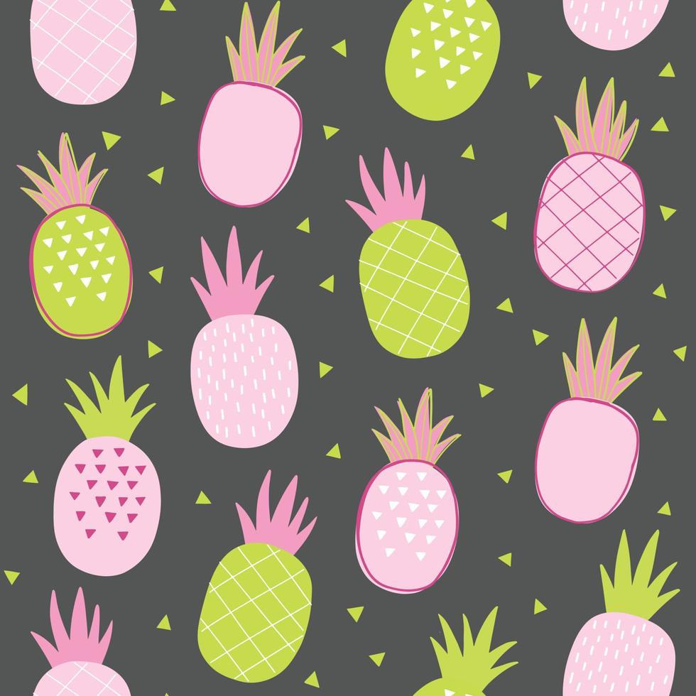 Hand drawn pineapple pattern. Colorful summer vector seamless print. Tropical background illustration with fruits and geometric shapes.