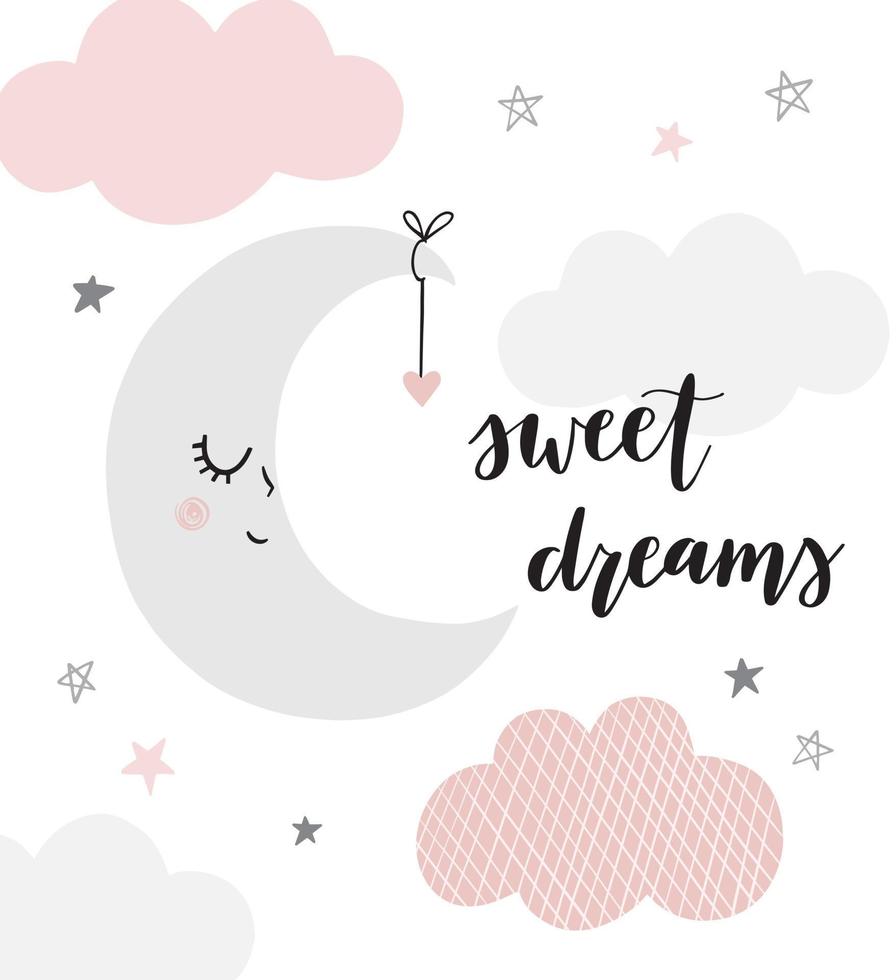 Cute moon with a heart, stars and clouds vector illustration. Baby nursery poster in scandinavian style. Sleeping moon character. Sweet dreams.