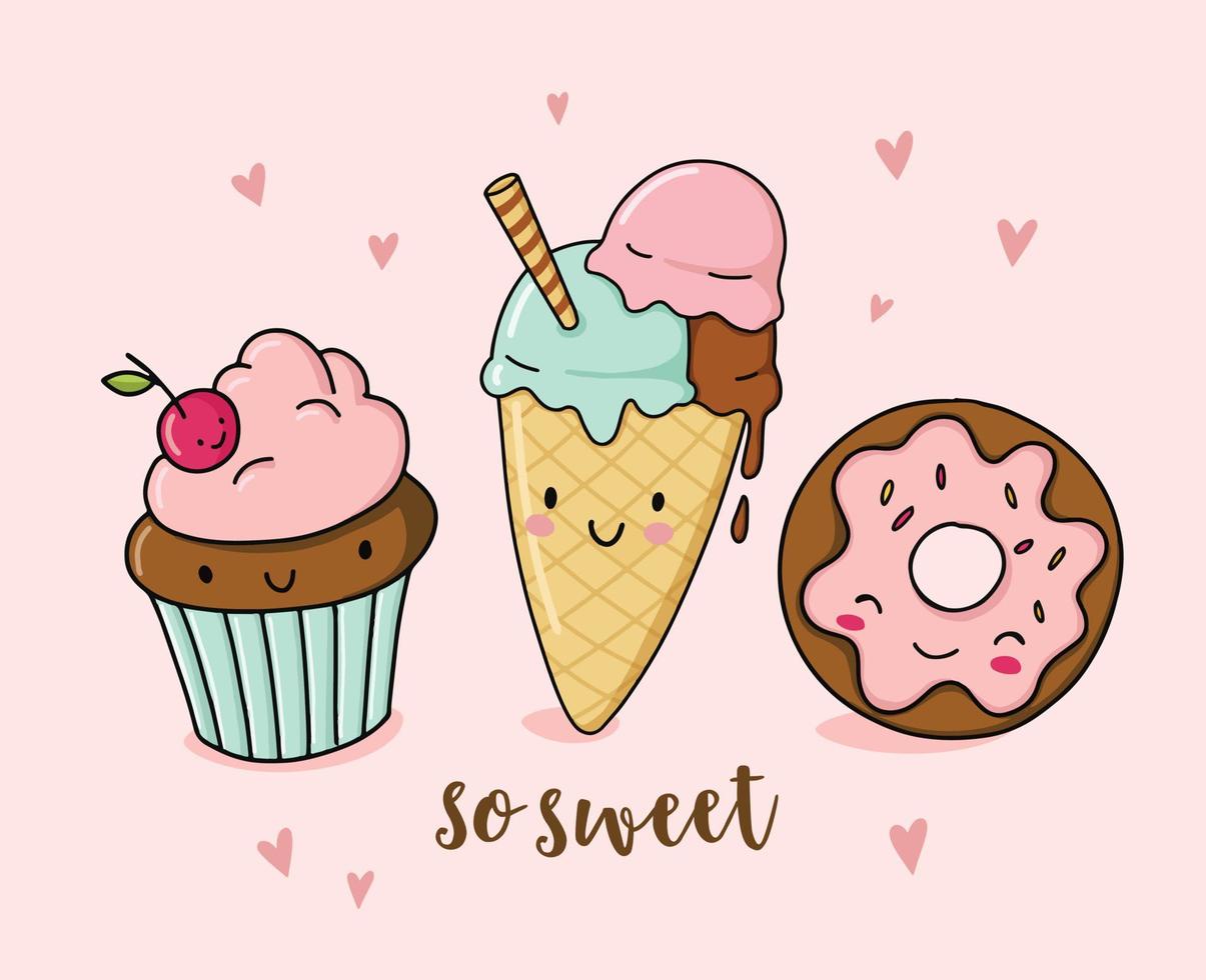 Cute funny food illustration with ice cream, cupcake and donut. Cartoon dessert character. vector