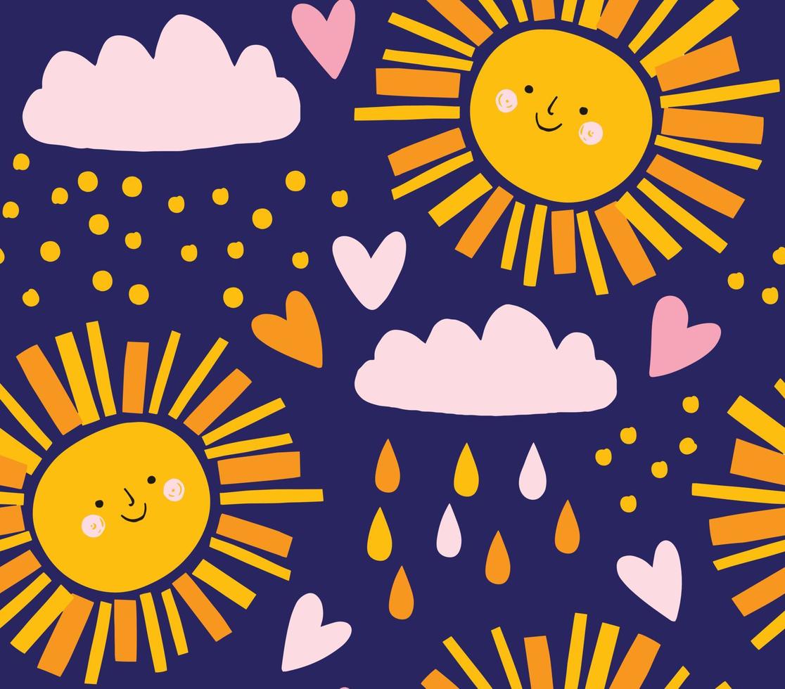 lindo patrón de cielo. fondo vectorial de sol, nubes y gotas de lluvia. carácter sonriente amarillo y formas geométricas rosas y naranjas sobre fondo azul marino. vector