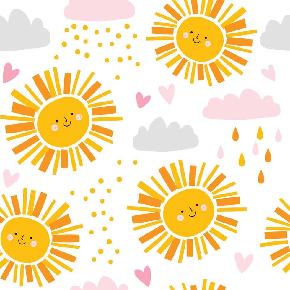 Cute sun and clouds pattern with hearts. Vector seamless girly background. Summer funny cartoon weather illustration.