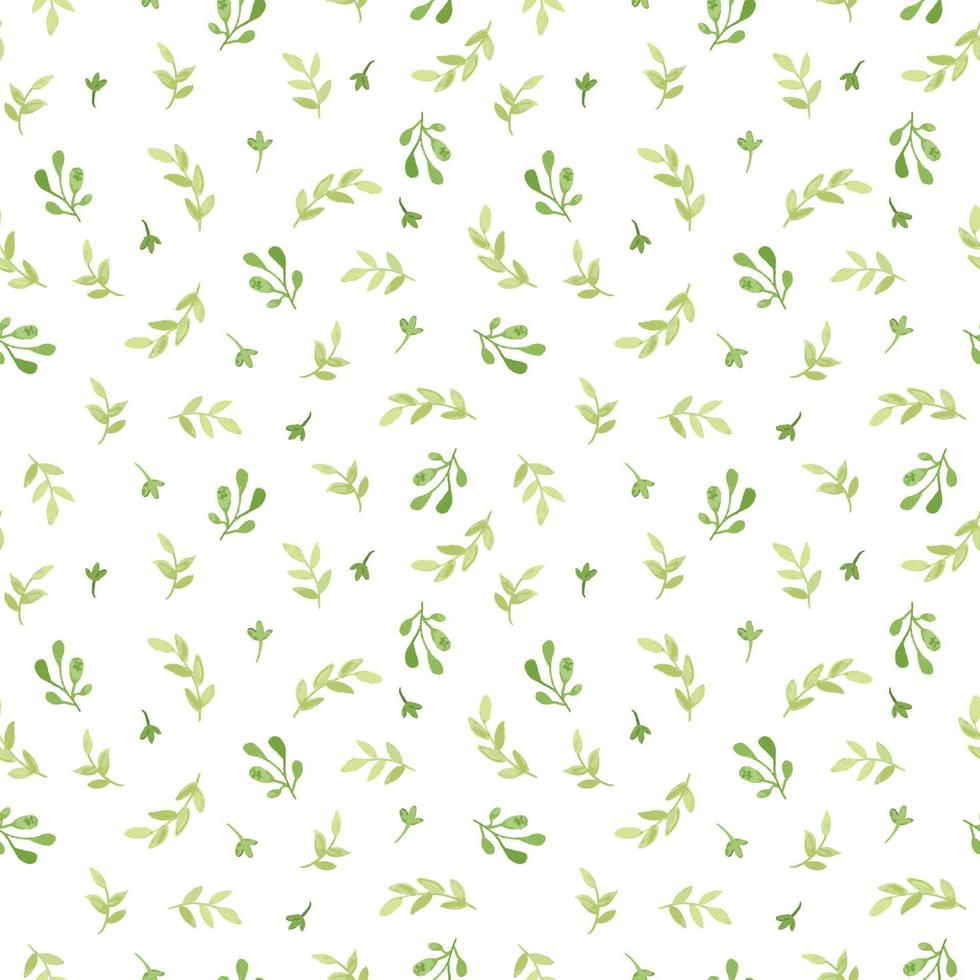 Watercolor seamless pattern with branches, leaves and flowers. Vector hand drawn spring background in shades of green.