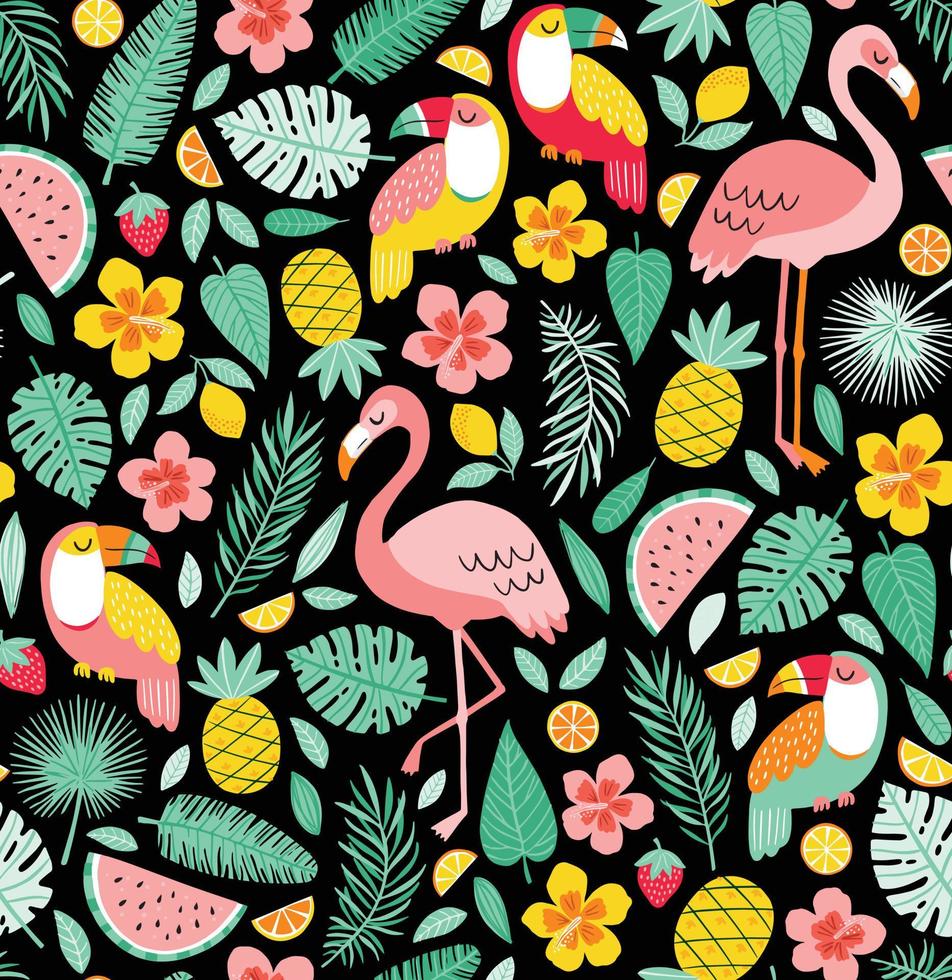 Summer pattern with flamingo, toucan, tropical leaves, flowers, fruits. Vector summertime pattern on black background.