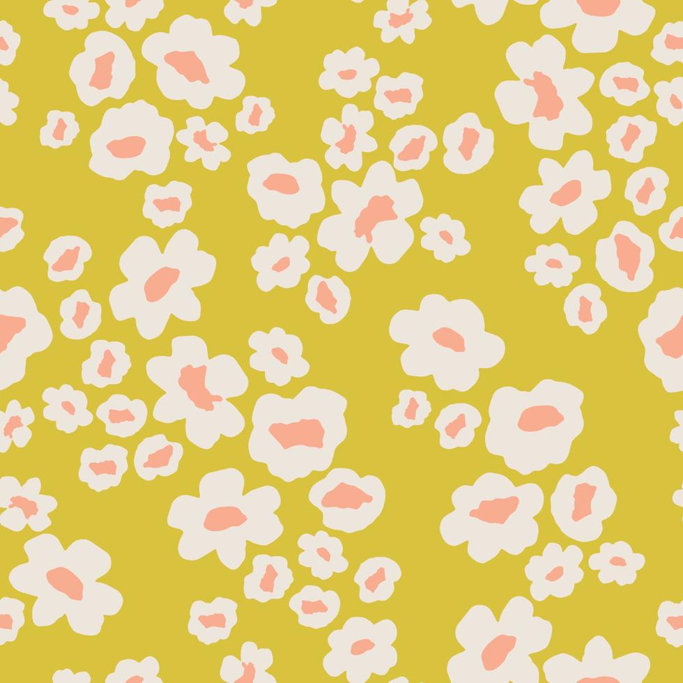 Scattered daisy floral pattern in yellow and pink. Small flowers seamless vector background. Ditsy flower print for textile, home decor, wallpaper, gift wrap.