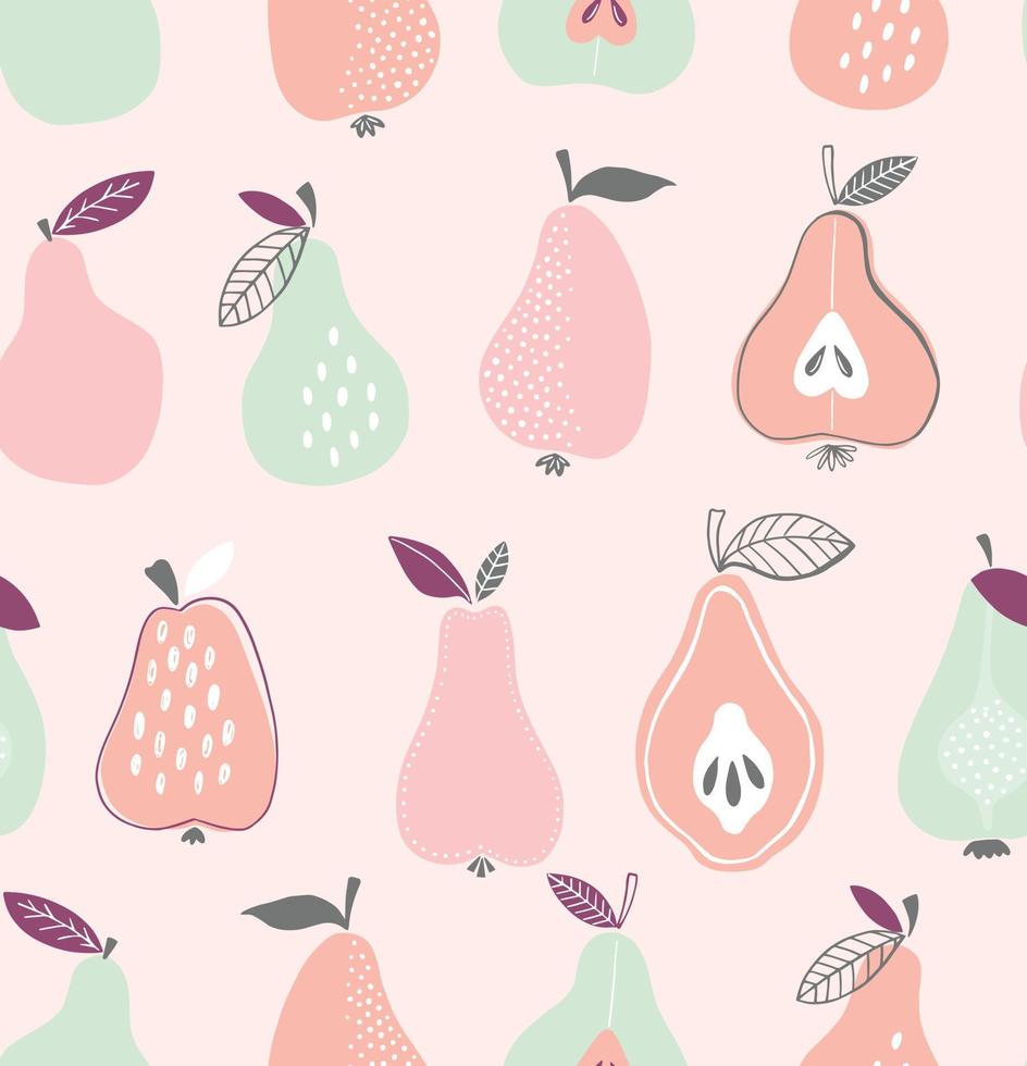 Fruit seamless pattern. Hand drawn creative pear vector background. Summer illustration in doodle trendy style.