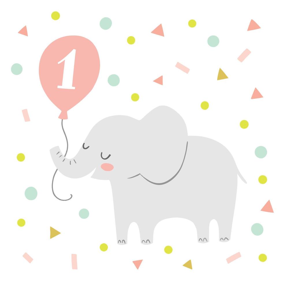 primera tarjeta de felicitación de cumpleaños o invitación de fiesta con una linda ilustración de elefante vetor. elefante sosteniendo un globo sobre un fondo de confeti de colores. vector