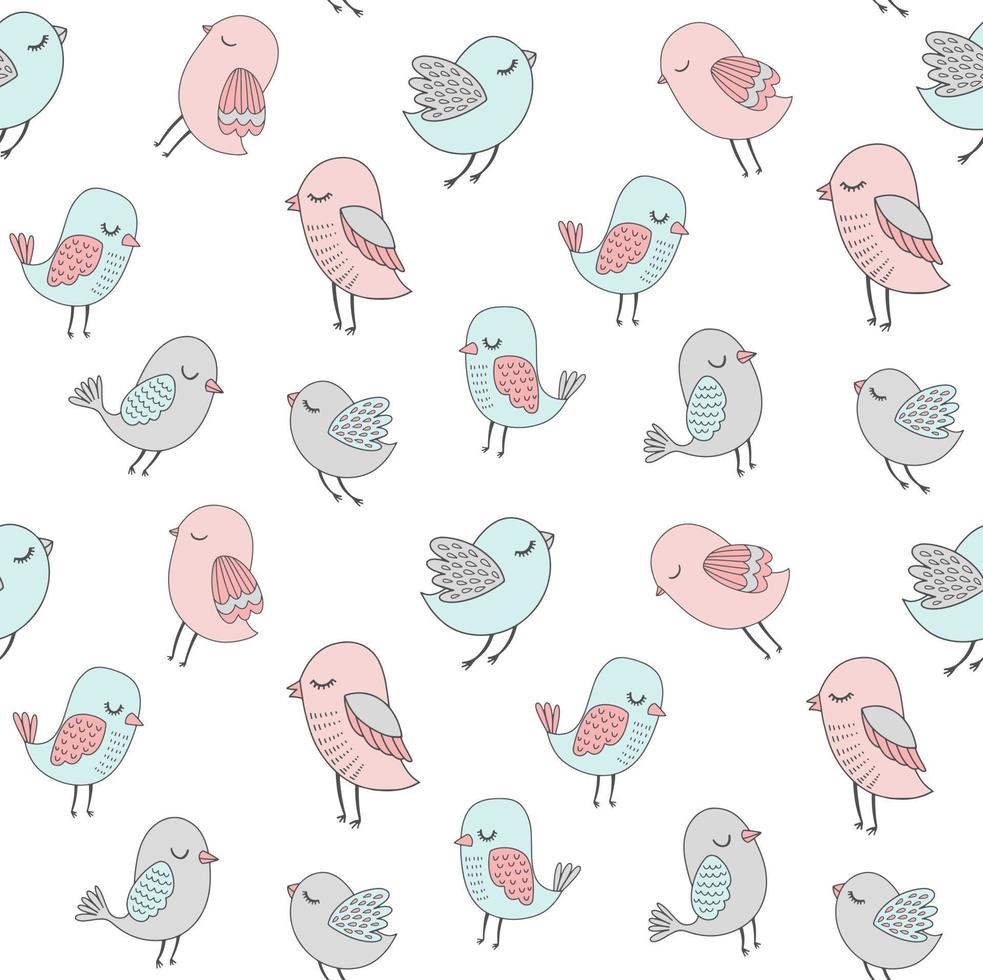 Hand drawn birds pattern. Vector seamless background with cute doodle birds in pastel colors.