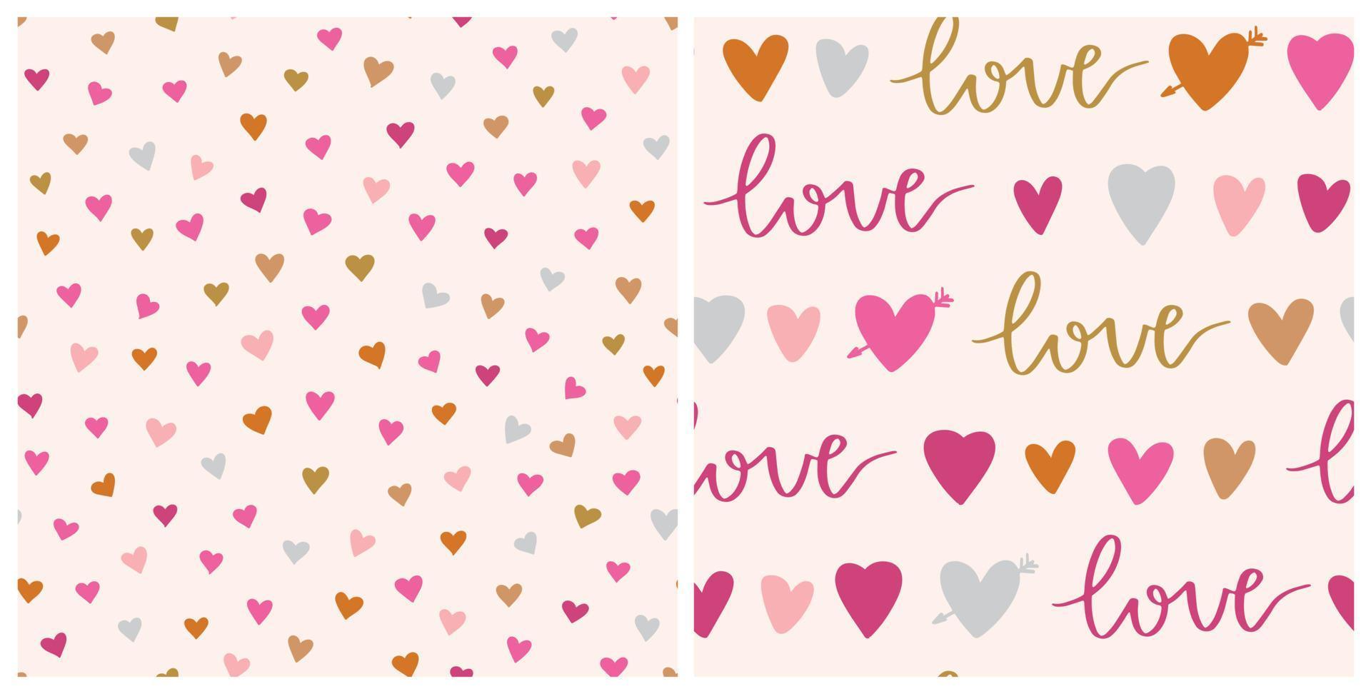Set of Valentines day vector patterns. Seamless heart pattern and love phrase. Hand drawn abstract vector background.