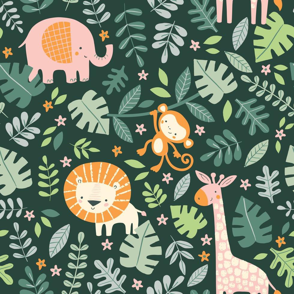 lindos animales de la selva y hojas de patrones sin fisuras. ilustración de fondo de vector de niños de verano. follaje de la selva tropical.
