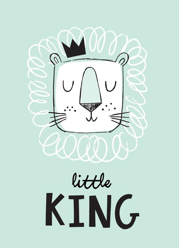 Hand drawn lion head in a crown. Cute doodle style lion face. Little King baby, kids nursery art or design for baby clothing. vector