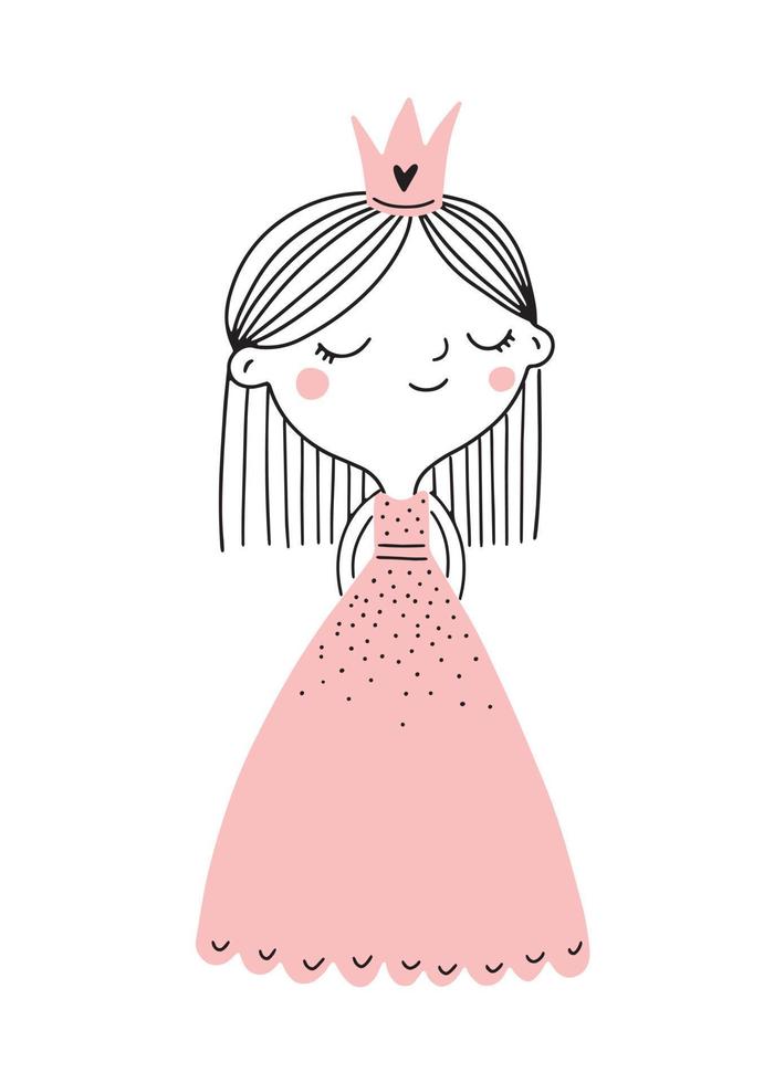 Cute princess in a pink dress with a crown. Illustration in scandinavian style. Vector hand drawn illustration for prints, posters, cards, apparel, birthday party.
