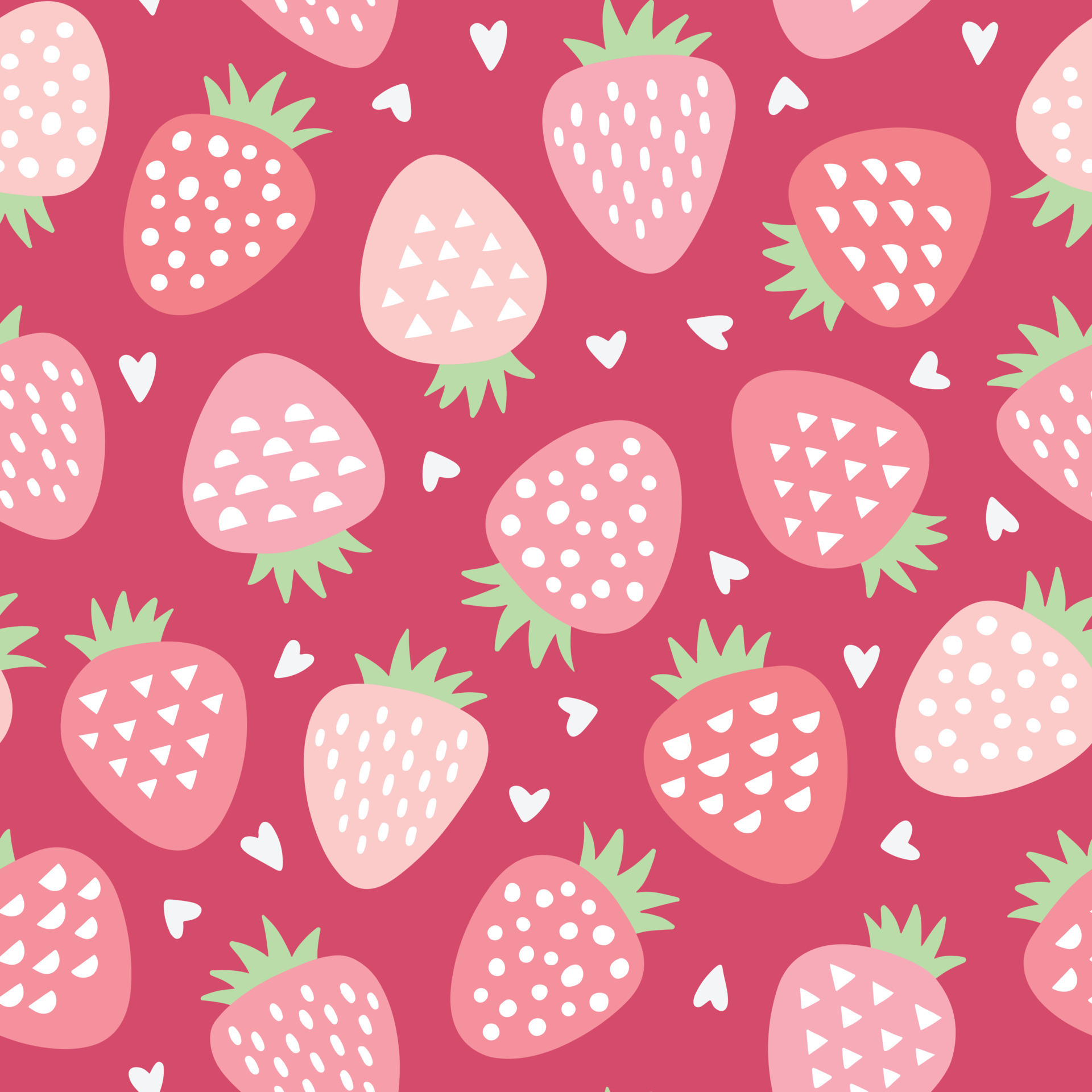 Cute strawberry vector pattern with hearts. Valentines day seamless