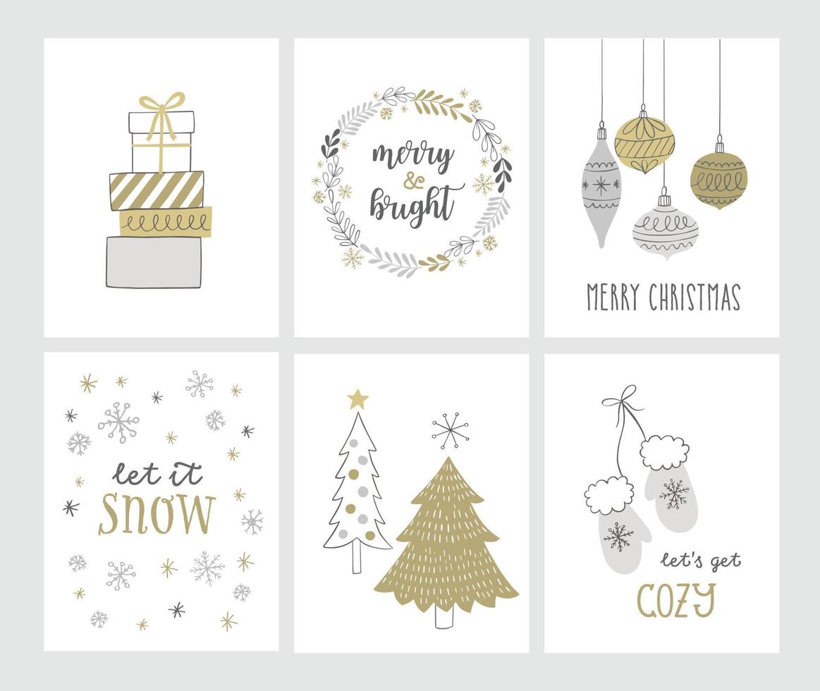 tarjetas de felicitación navideñas en estilo dibujado a mano. ilustración de vector de garabato de árbol de navidad, cajas de regalo, copos de nieve, corona de invierno.