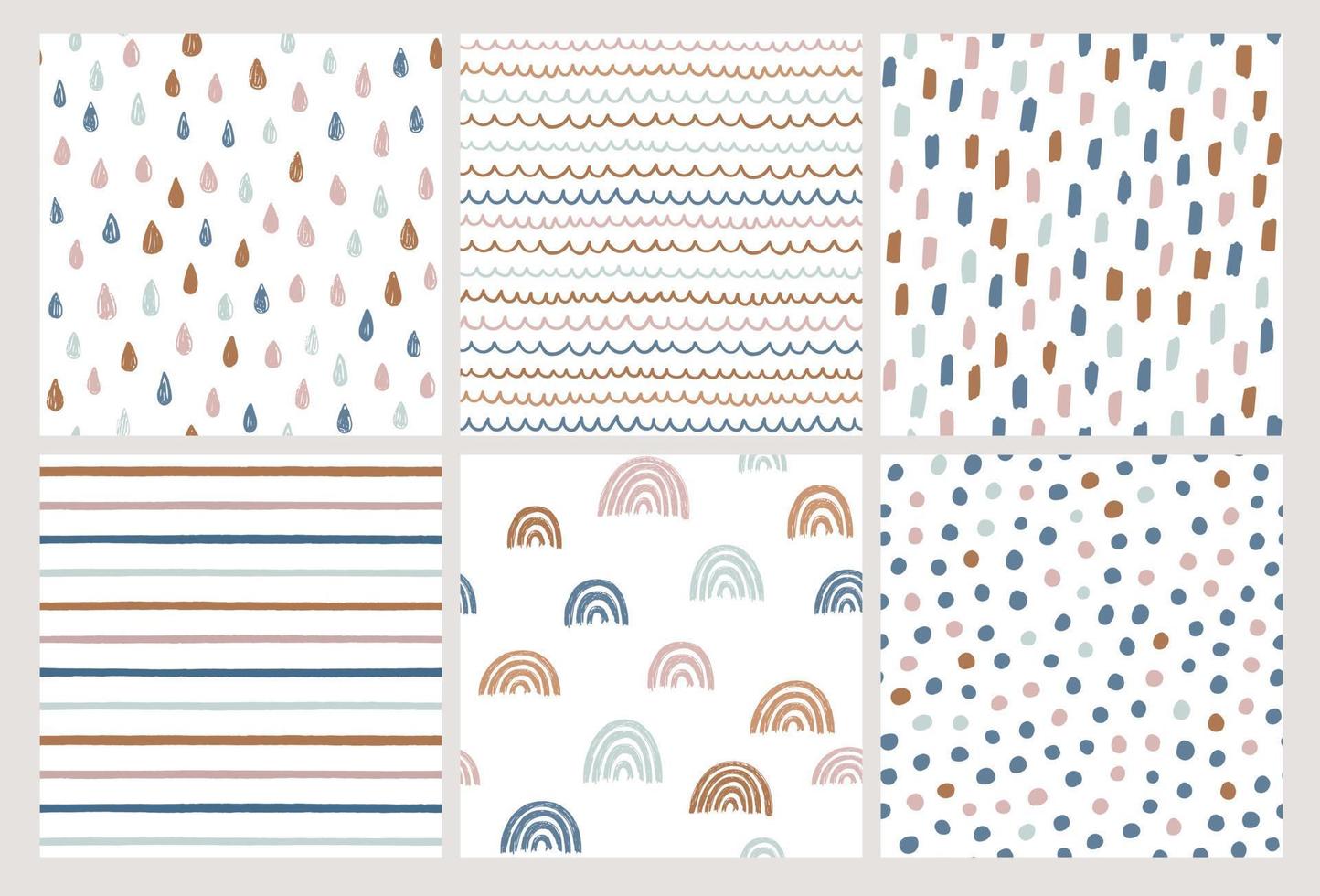 Set of hand drawn vector patterns in trendy colors. Doodles made with ink. Rainbow, stripes, dots, rain drops, brush strokes. Seamless geometric backgrounds.