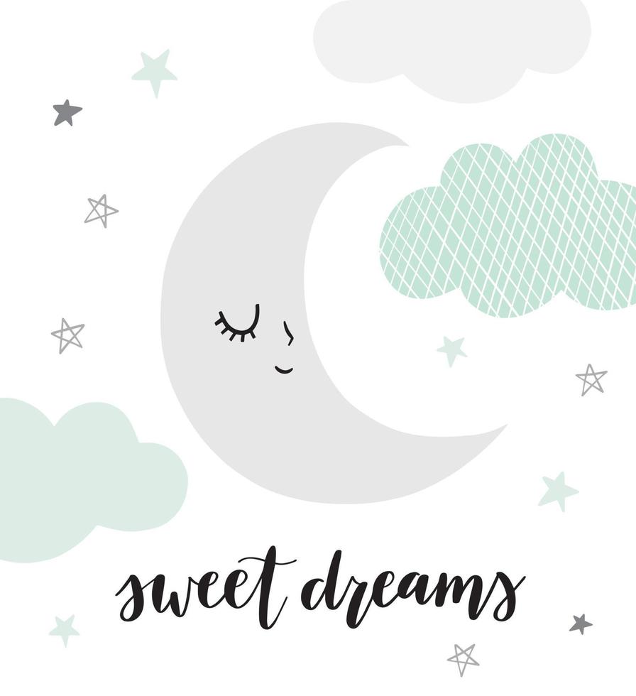 Cute vector moon illustration with hand lettered phrase Sweet Dreams. Sleeping, smiling moon character with clouds and stars in scandinavian style. Soft, pastel colors.