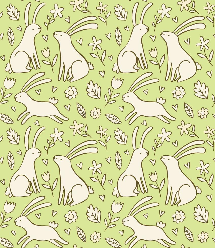PrintSpring floral pattern with rabbits. Doodle vector seamless background with bunnies, flowers and leaves. Baby, child design.