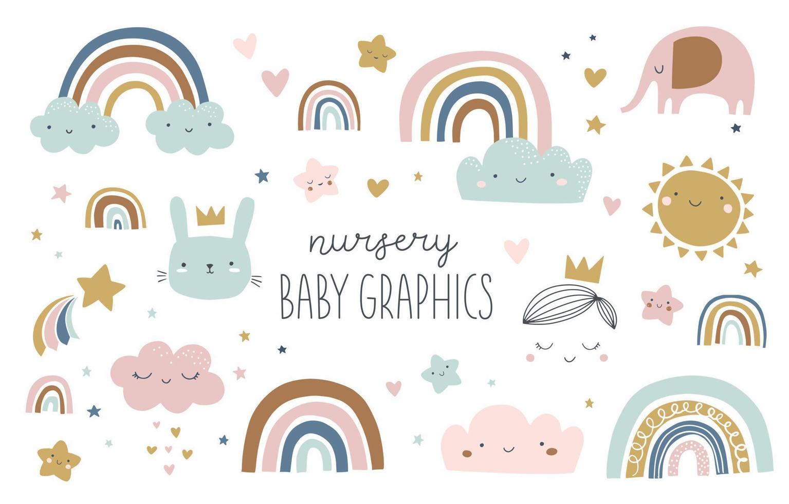 Set of cute baby and kids graphics, illustrations in Scandinavian style. Rainbow, cloud, star, elephant, rain, bunny, prince, crown, sun, sky. Posters, greeting cards, invitations, clothing. vector